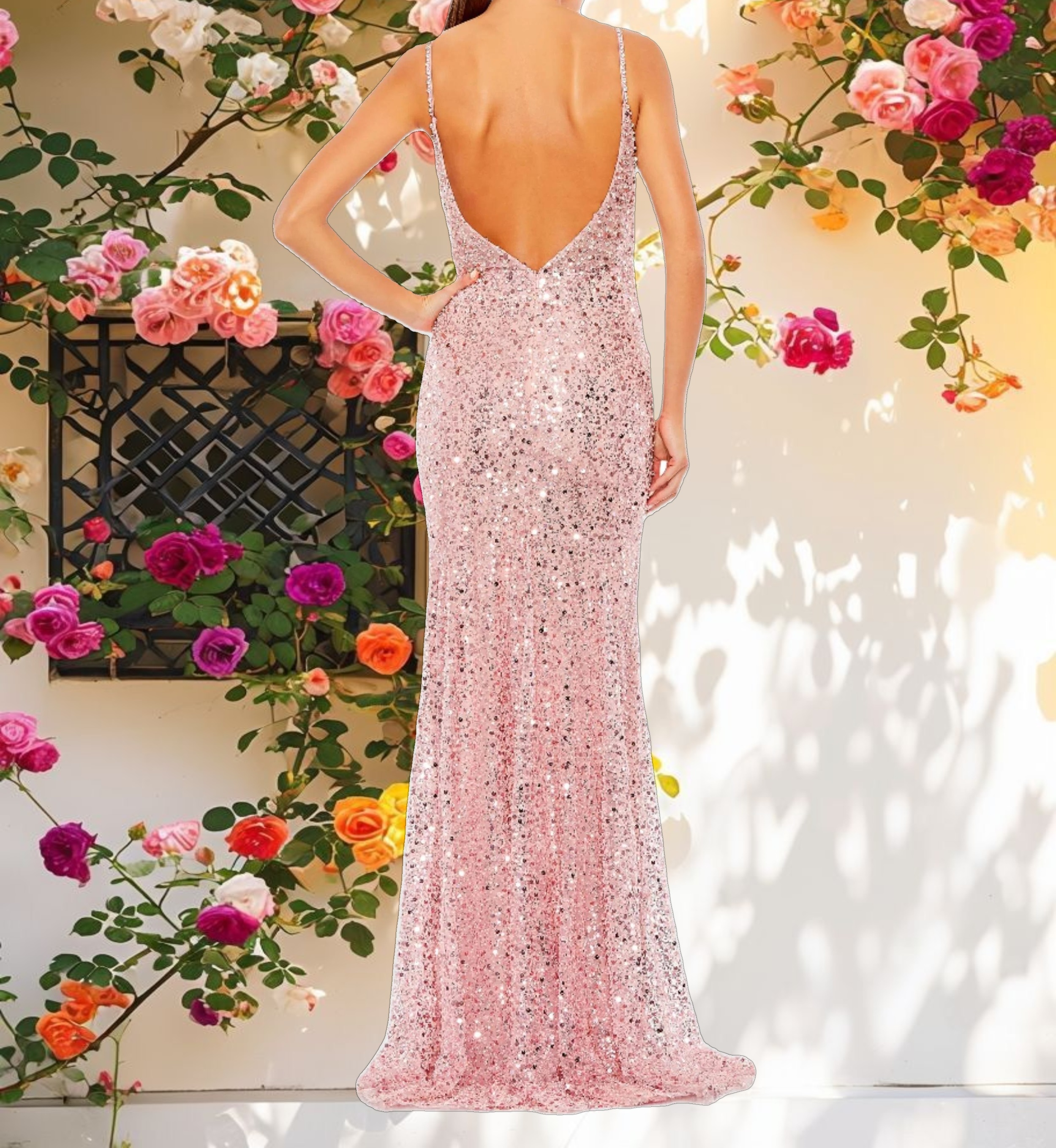 Pink Embellished Plunge Neck Sleeveless Trumpet Gown