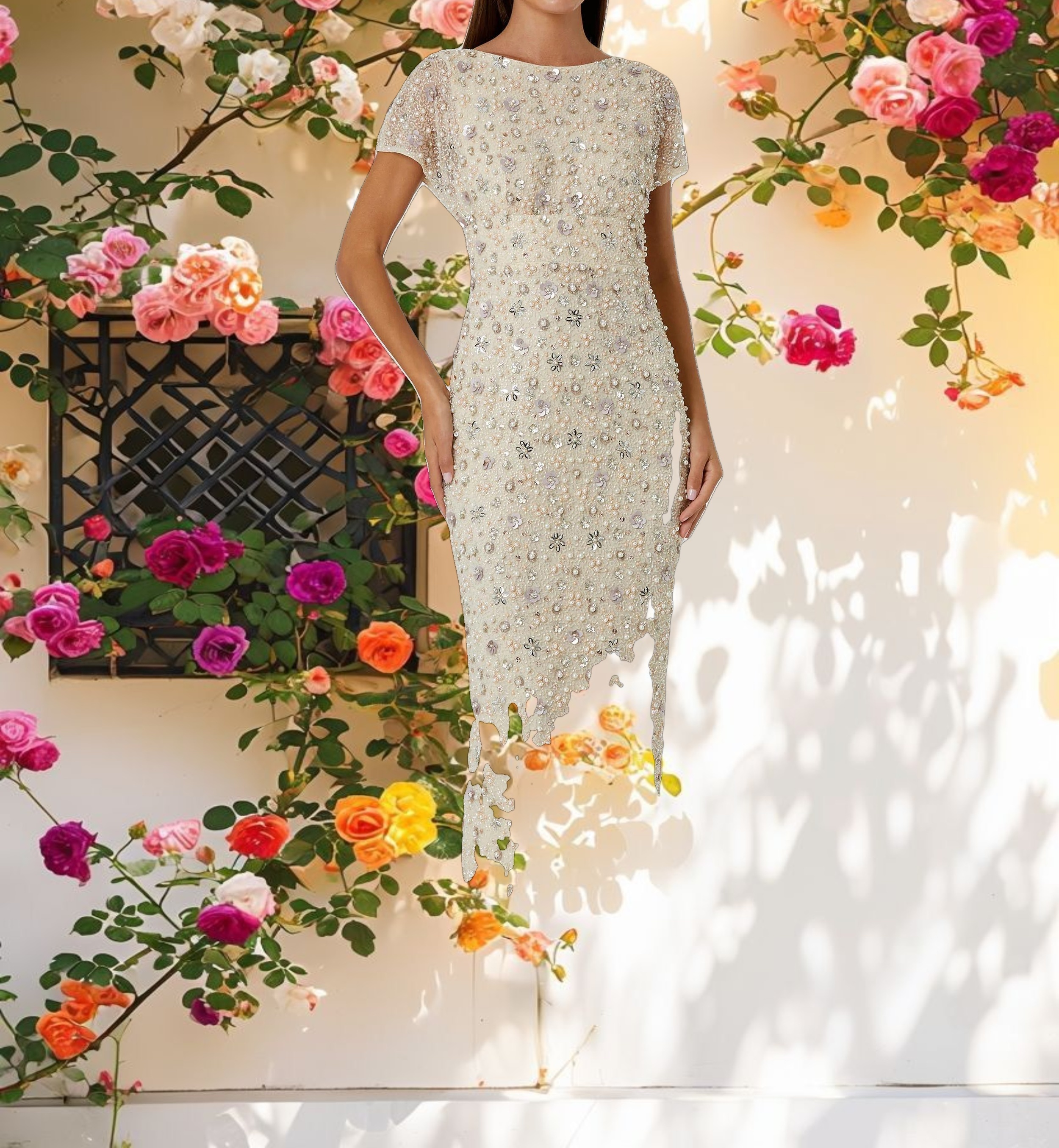 Ivory Floral Embellished Mesh Fitted Blouson Gown