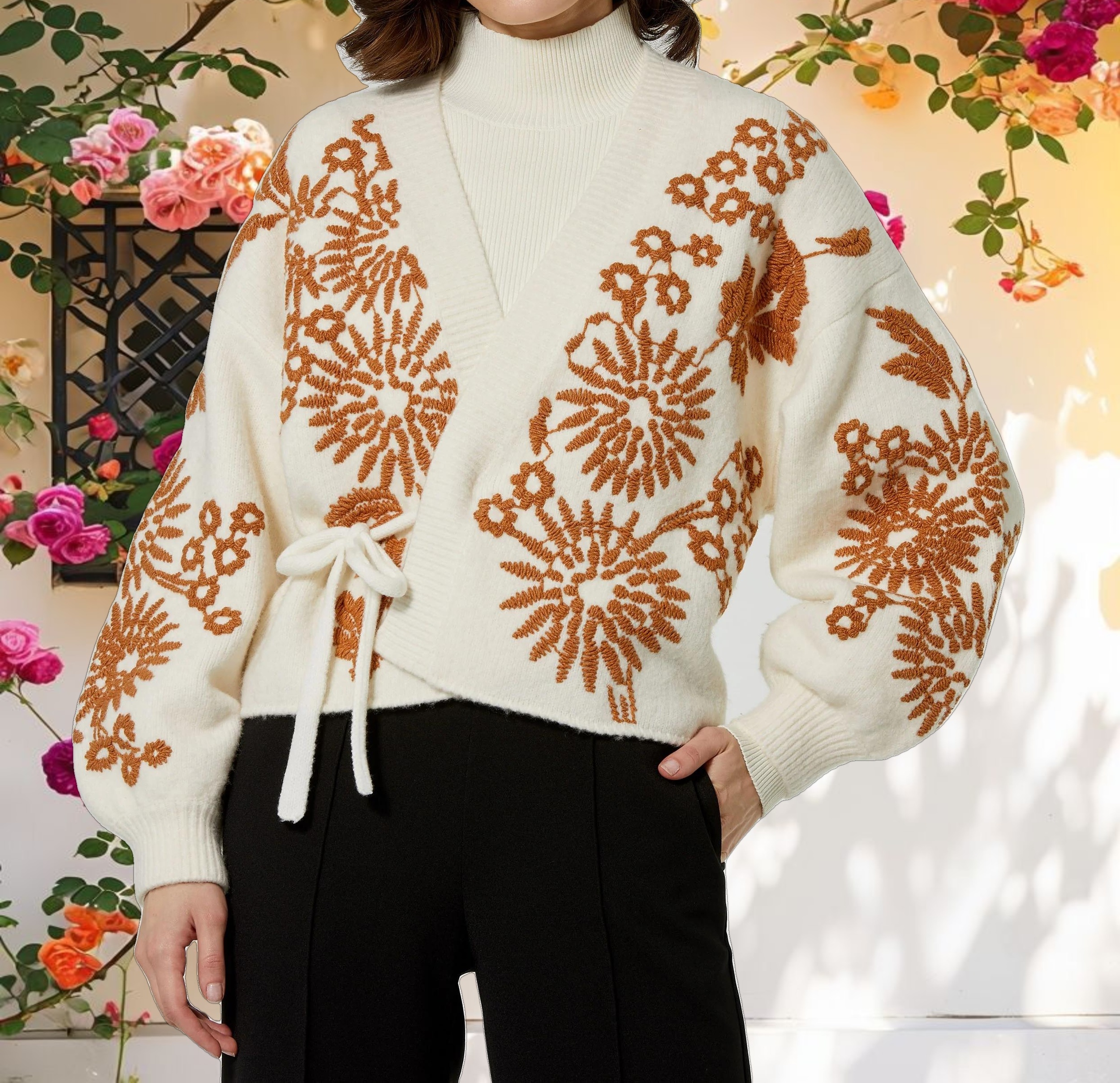 Cropped Knit Cardigan With Floral Details