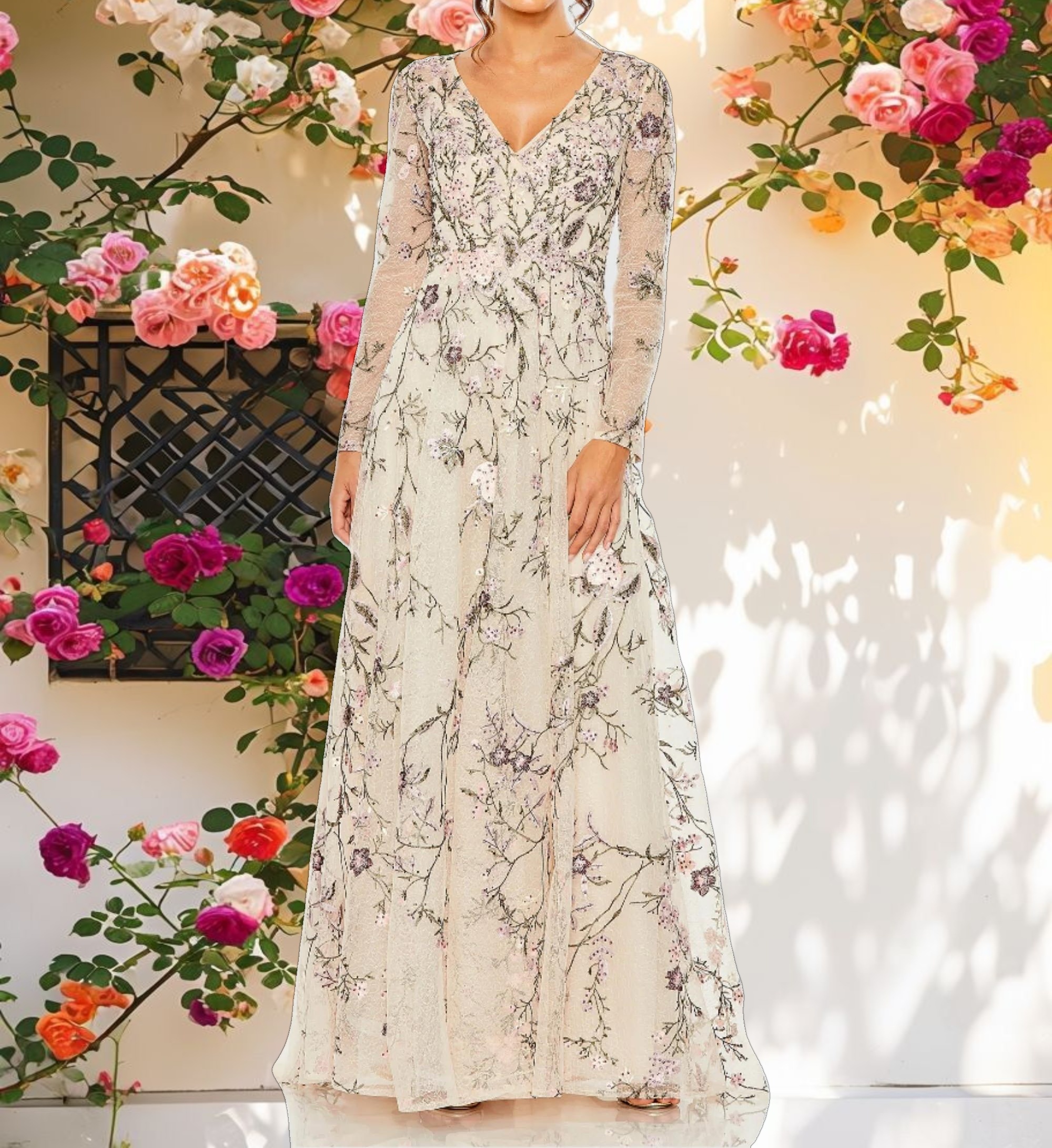 V Neck Long Sleeve Embroidered A Line Floral Gown