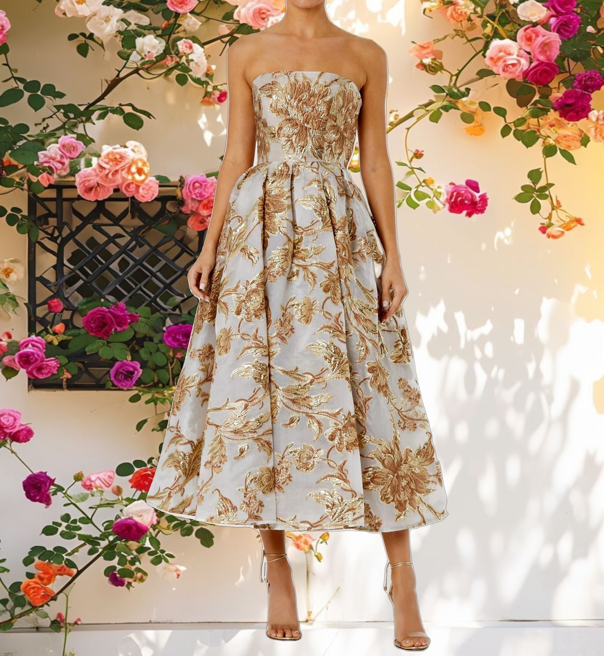 Gold Strapless Brocade Midi Dress with Pockets