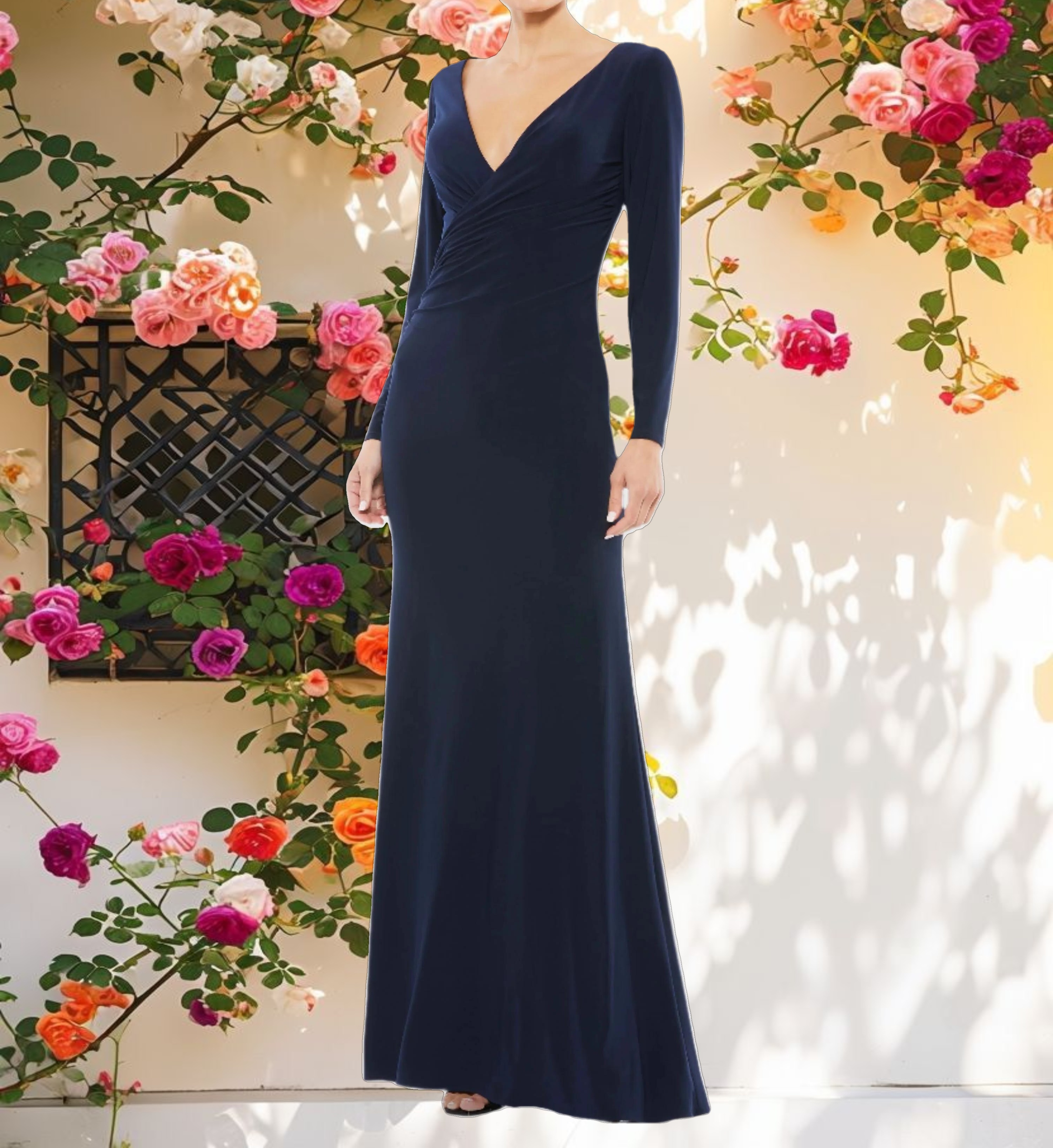 Blue Long Sleeve Pleated V Neck Dress