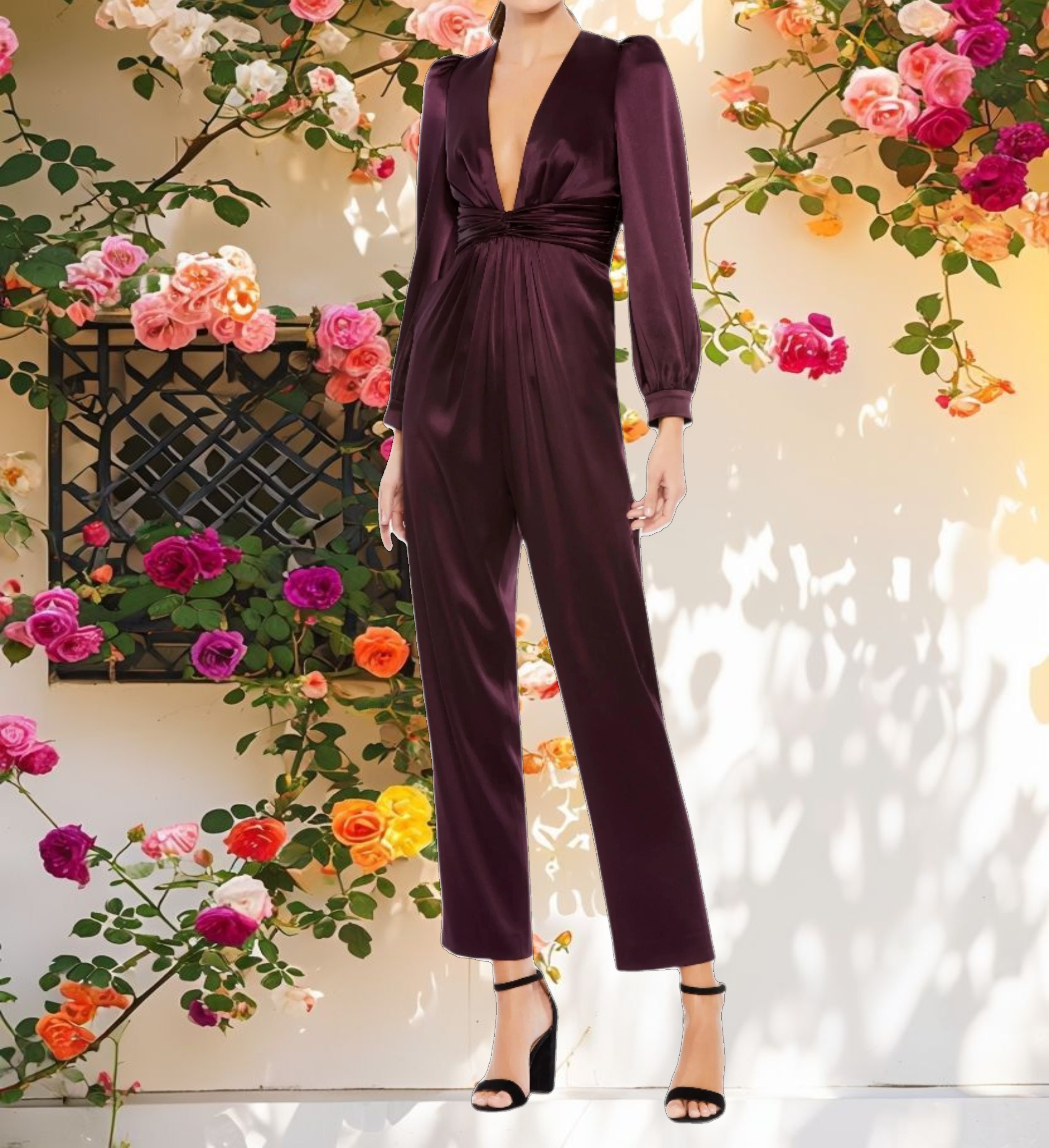 Purple Front Twist Puff Sleeve Deep V Jumpsuit