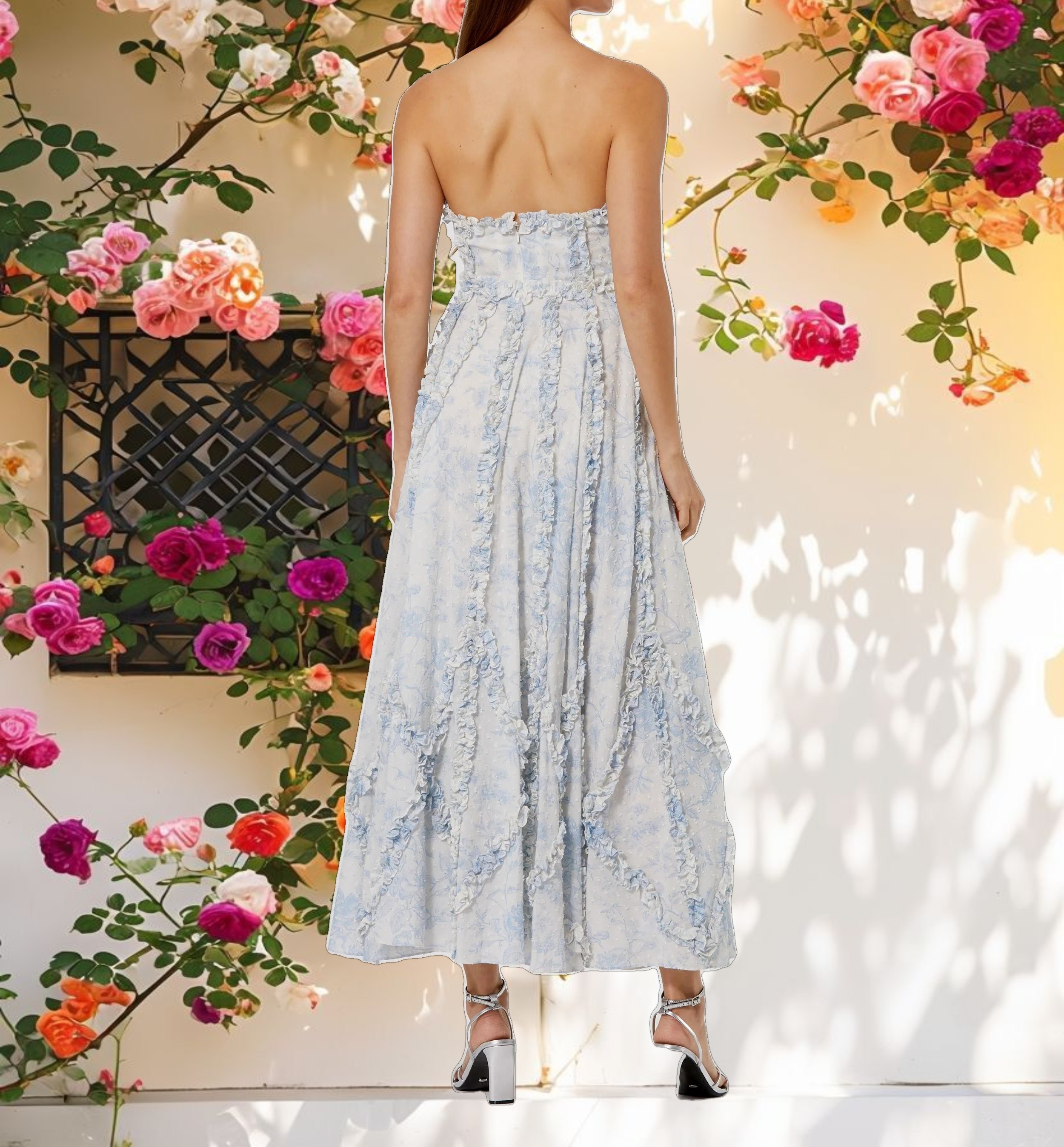 Blue and White Strapless Ruffle Floral Cotton Midi Dress