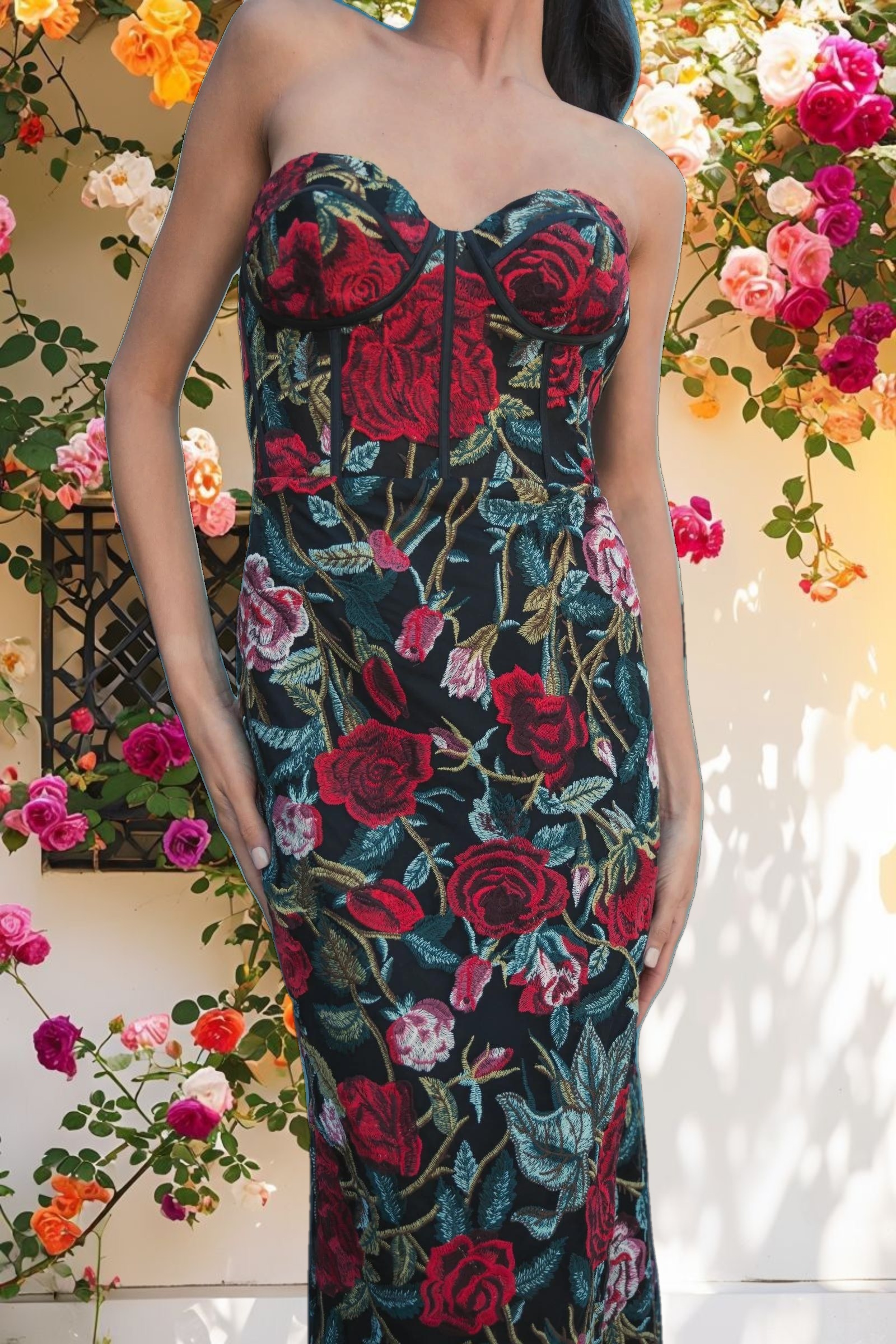 Sheer Bustier Top Floral Applique Gown