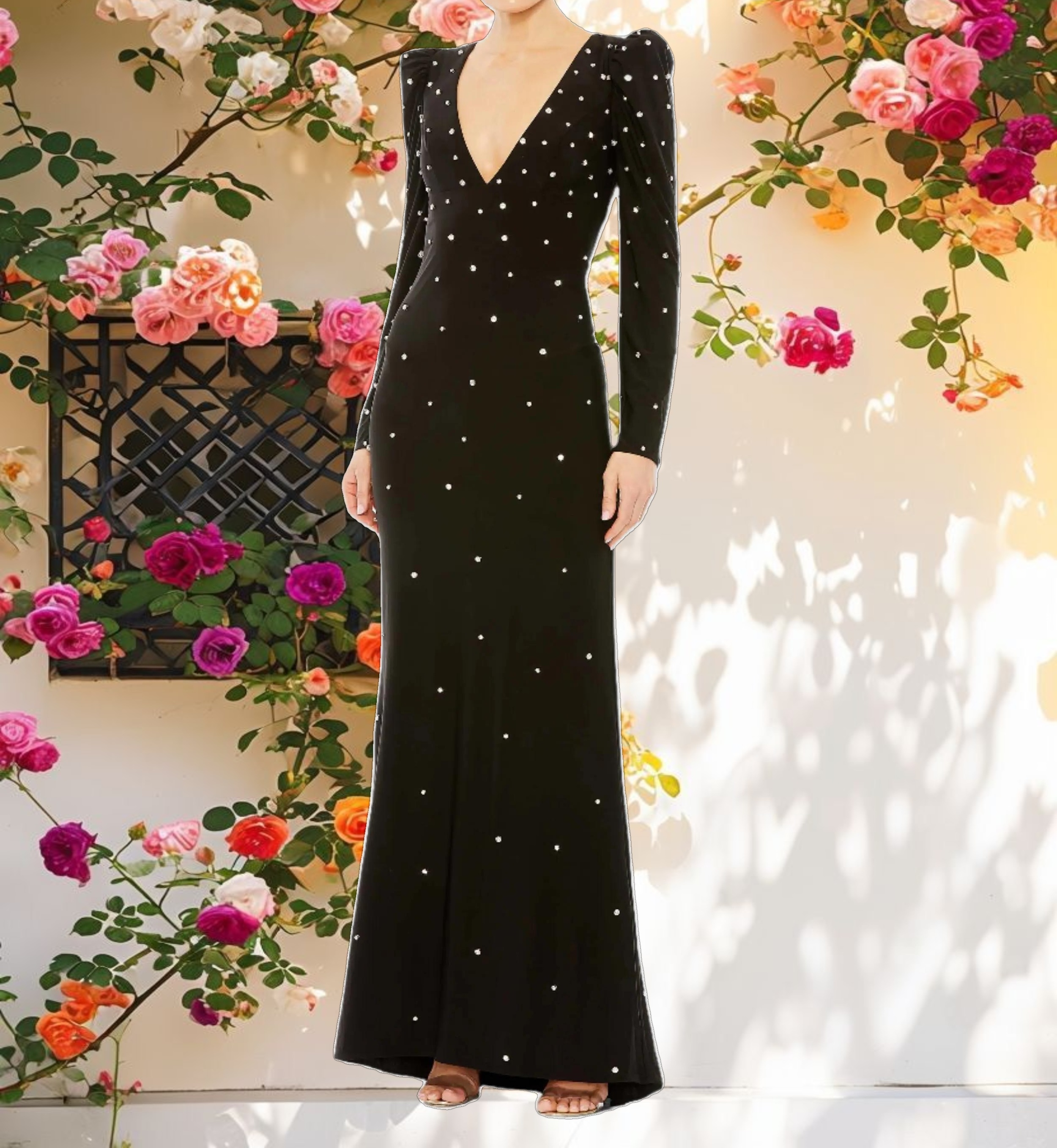 Rhinestone Encrusted Long Sleeve V Neck Gown