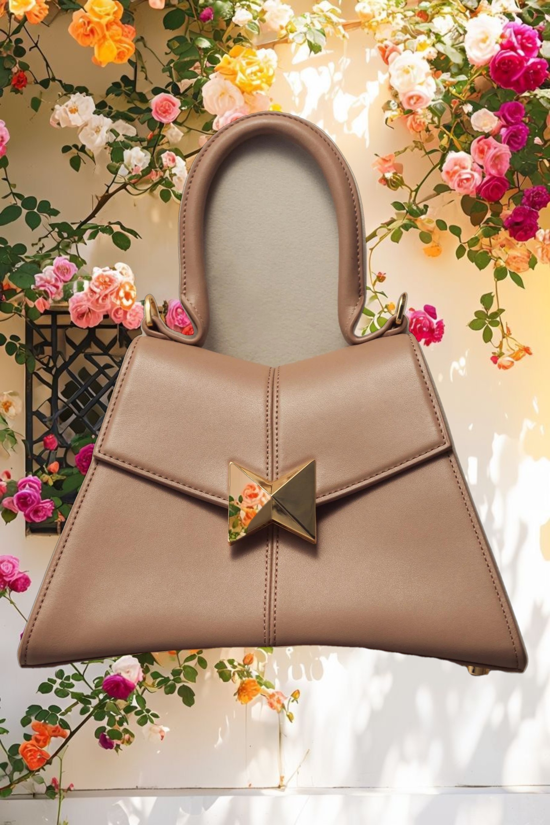 Angular Small Leather Handbag With Gold Hardware