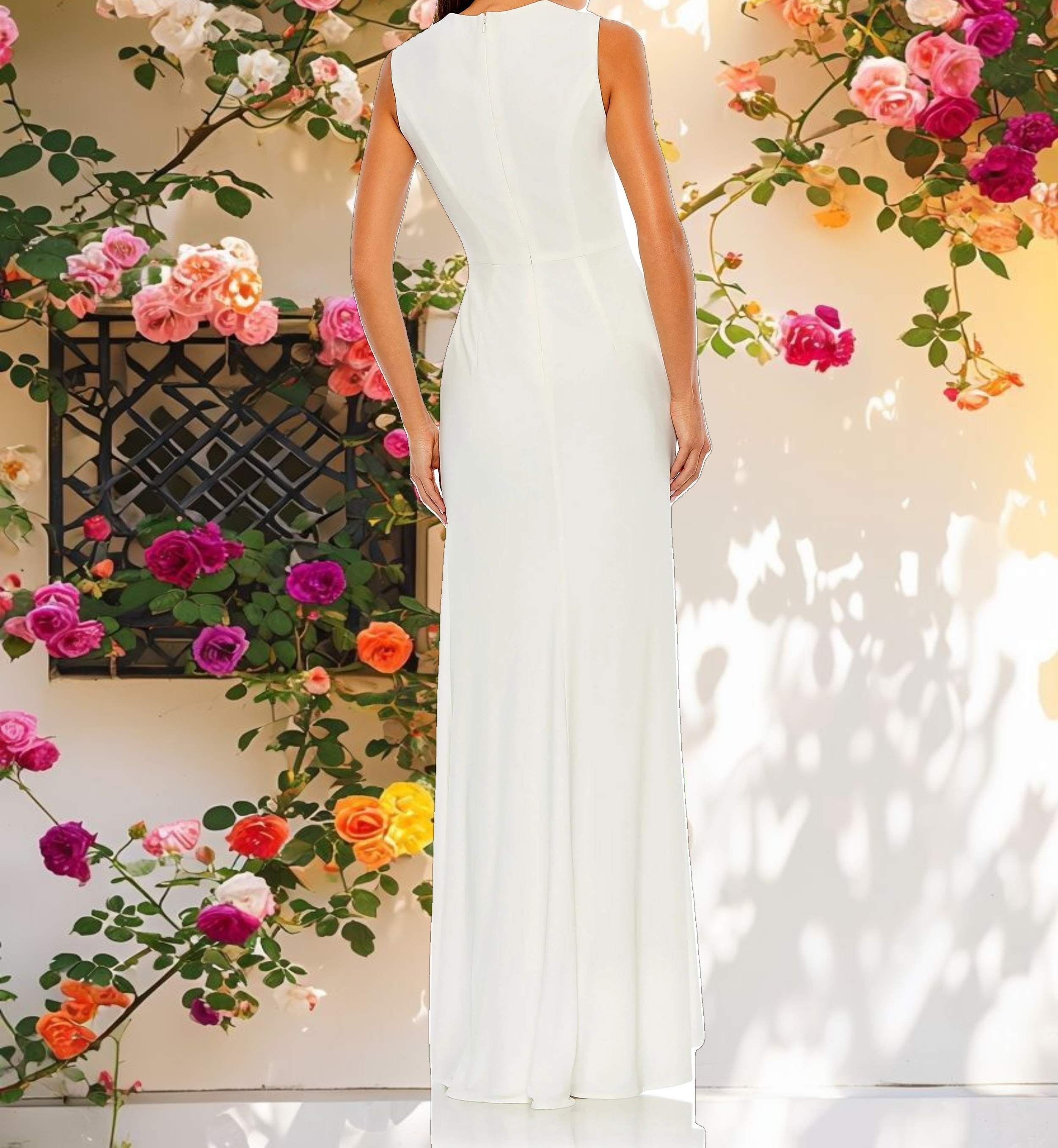 White Draped Side Knot Jersey Gown w/ Rhinestone Ring