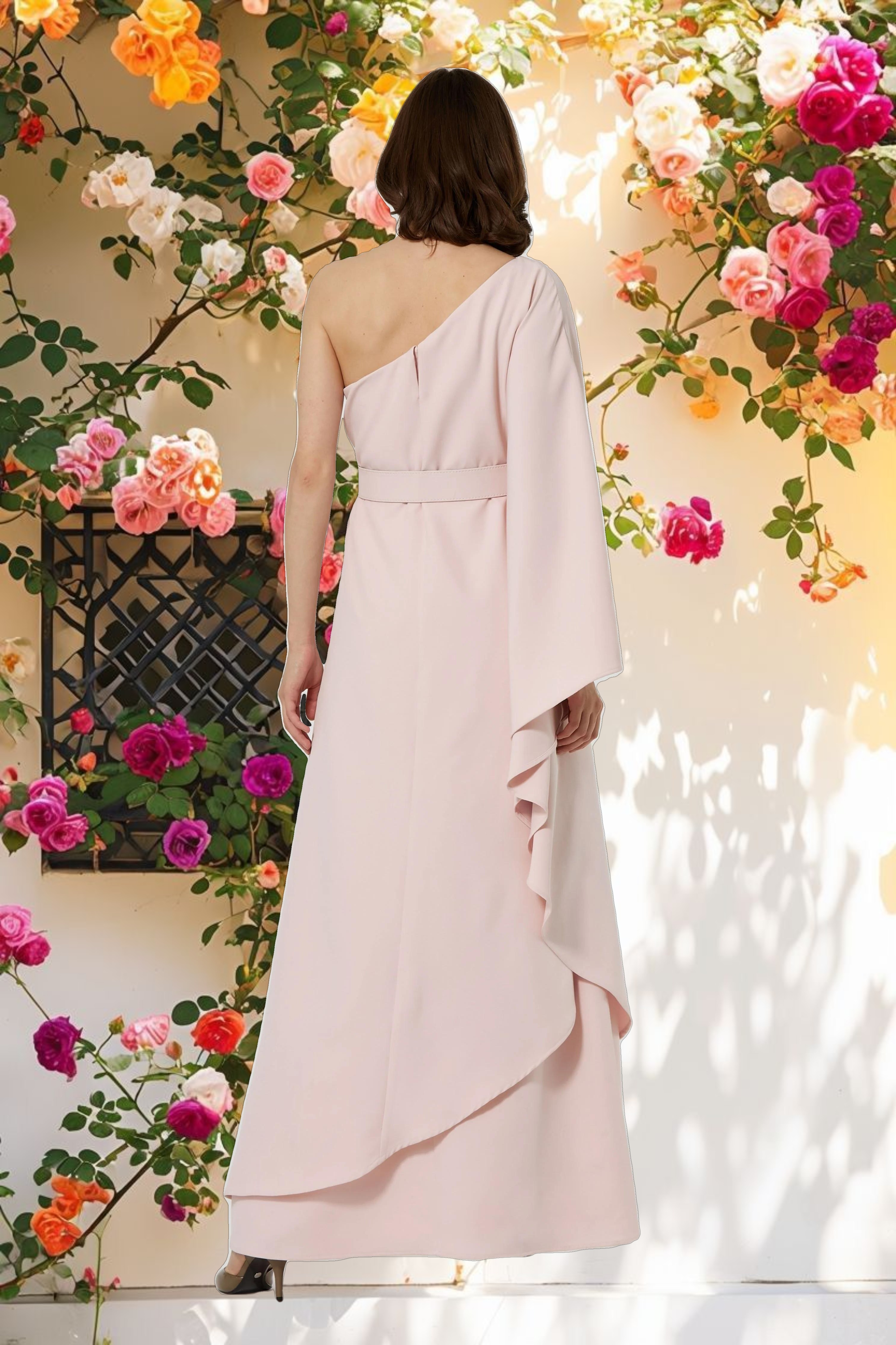 Pink Crepe One Sleeve Belted Kaftan Dress