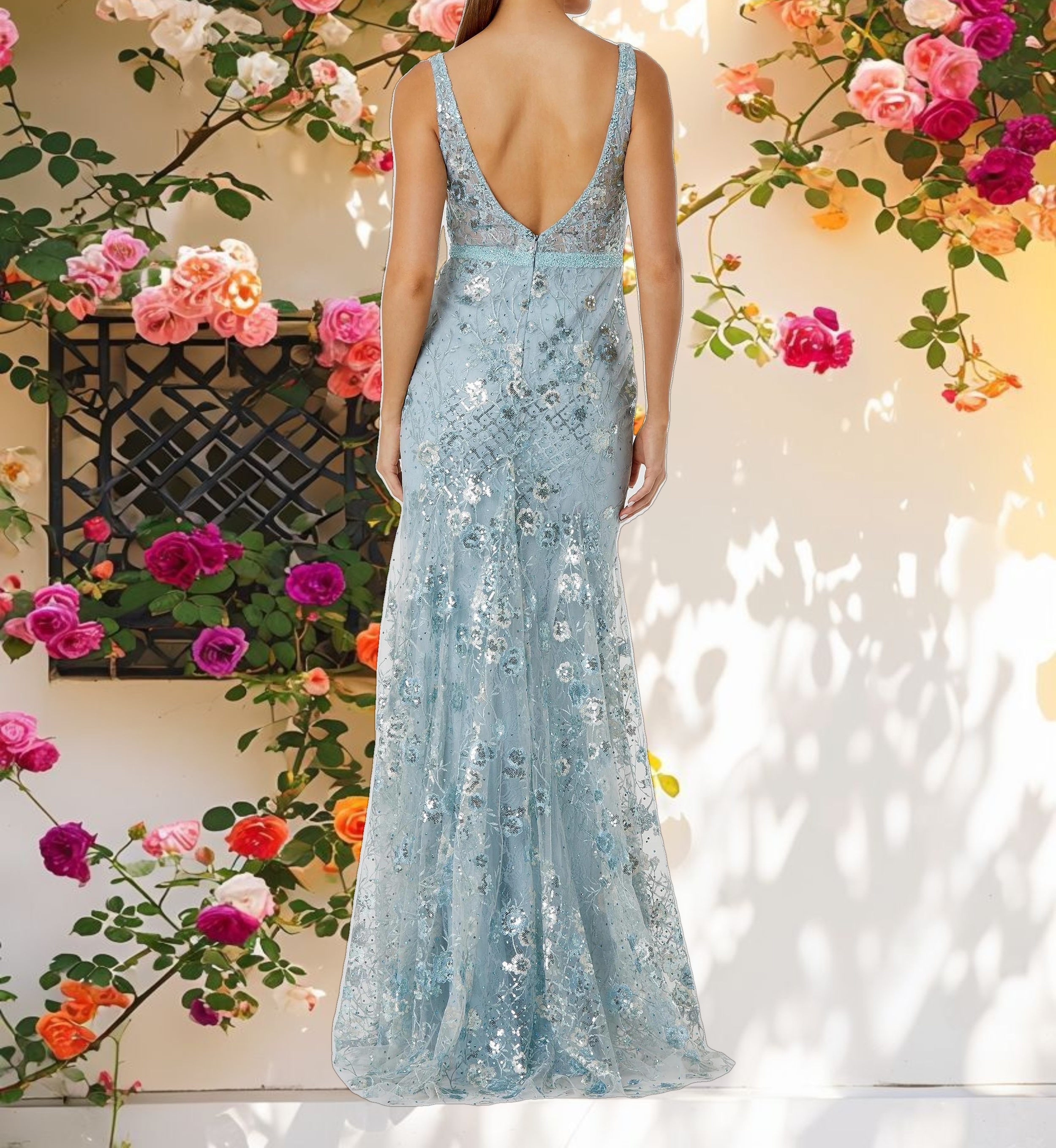 Embellished Sleeveless Plunge Neck Gown