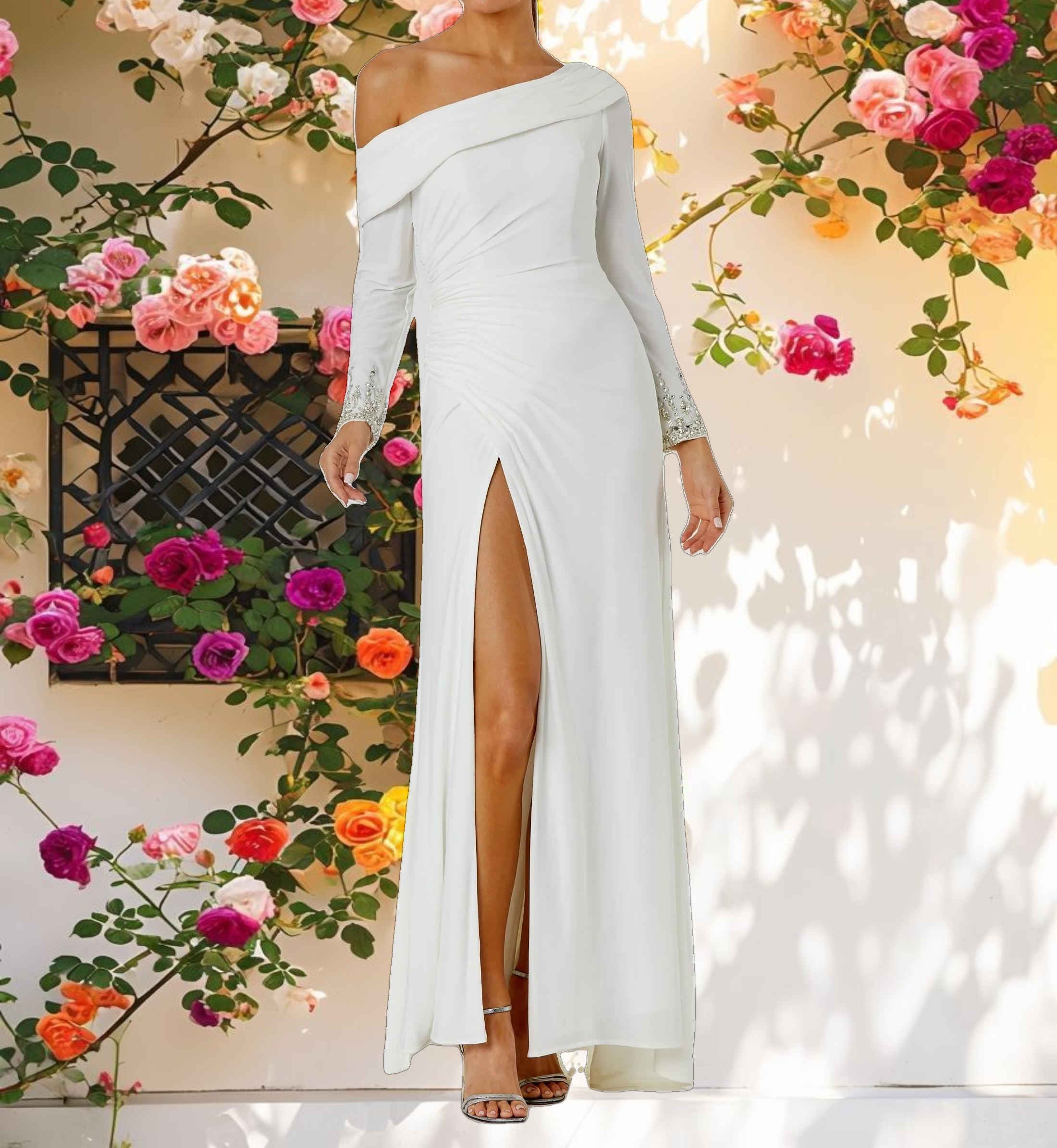 White Beaded Cuff Drop Shoulder Faux Wrap Gown