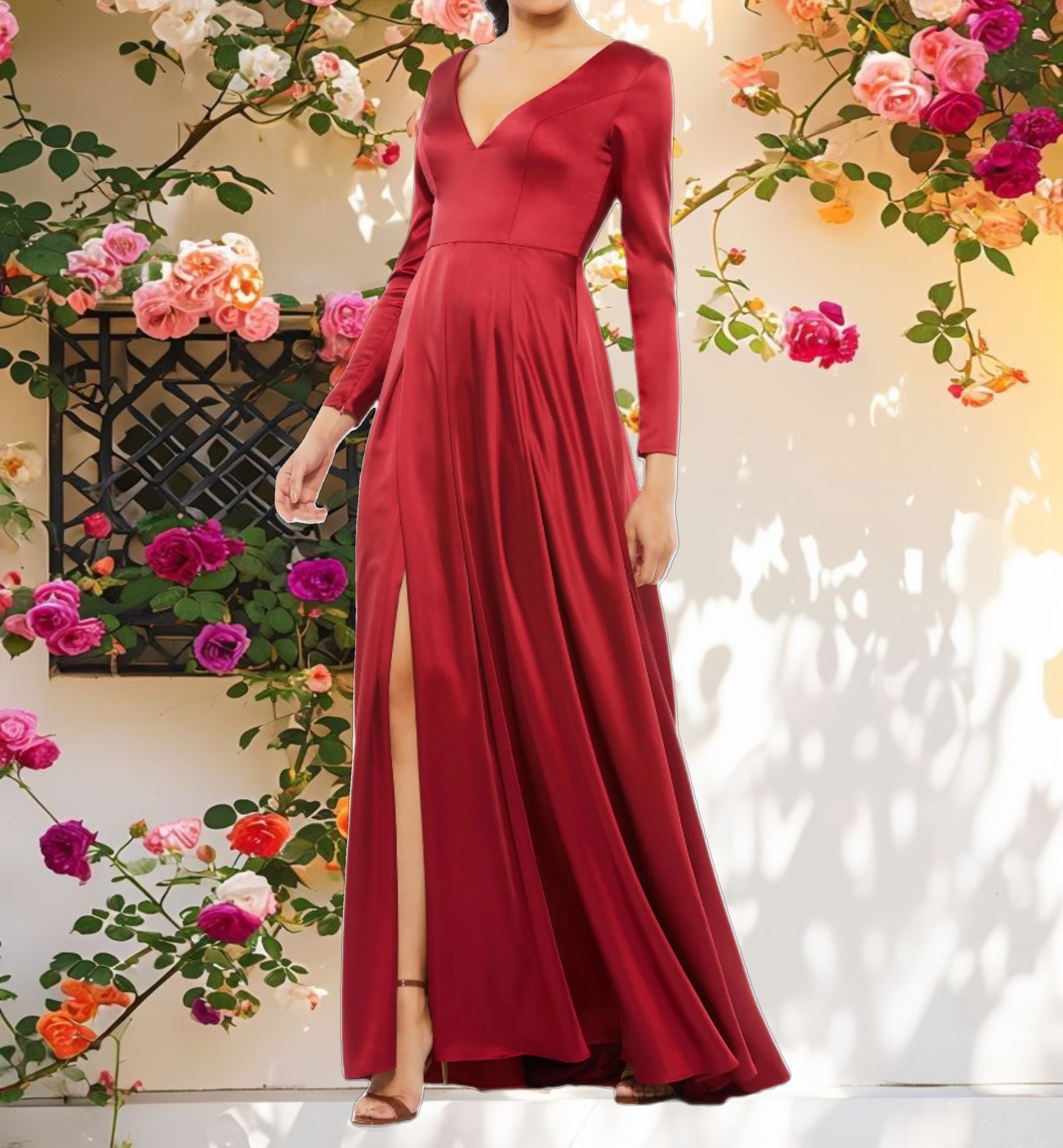 Red Satin V Neck Long Sleeve Pleated Gown
