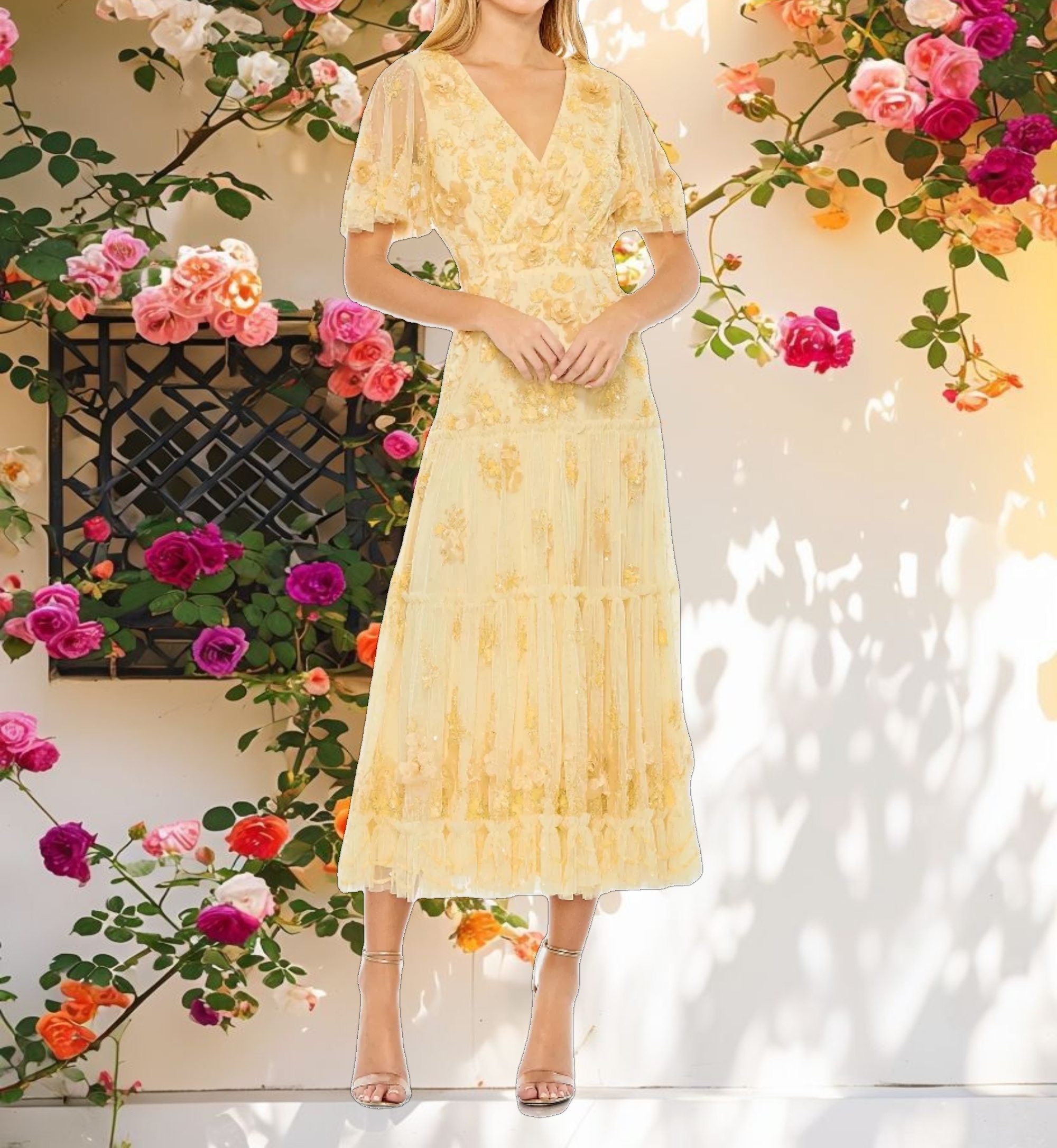 Floral Embellished Flutter Sleeve Tiered Dress