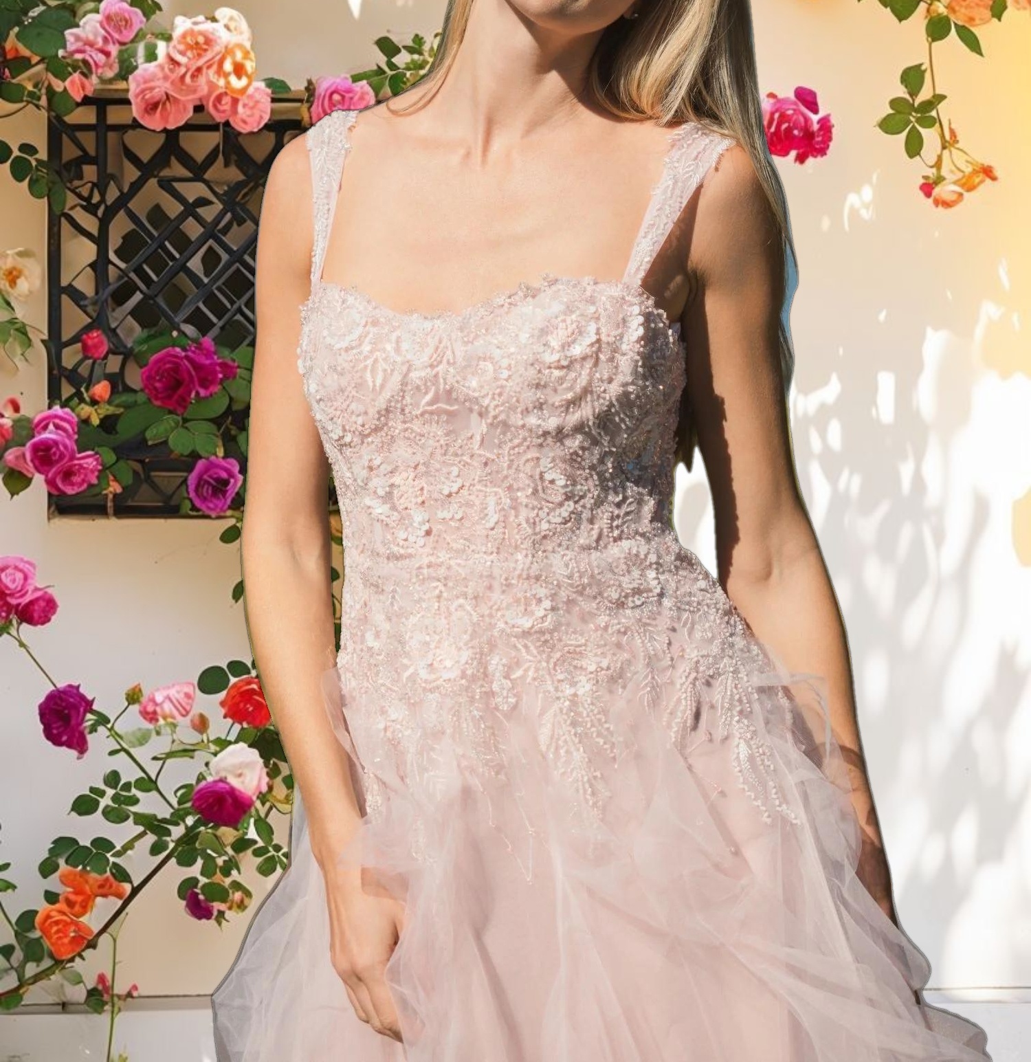 Pink Bustier Tulle Evening Dress With Ruffle Skirt