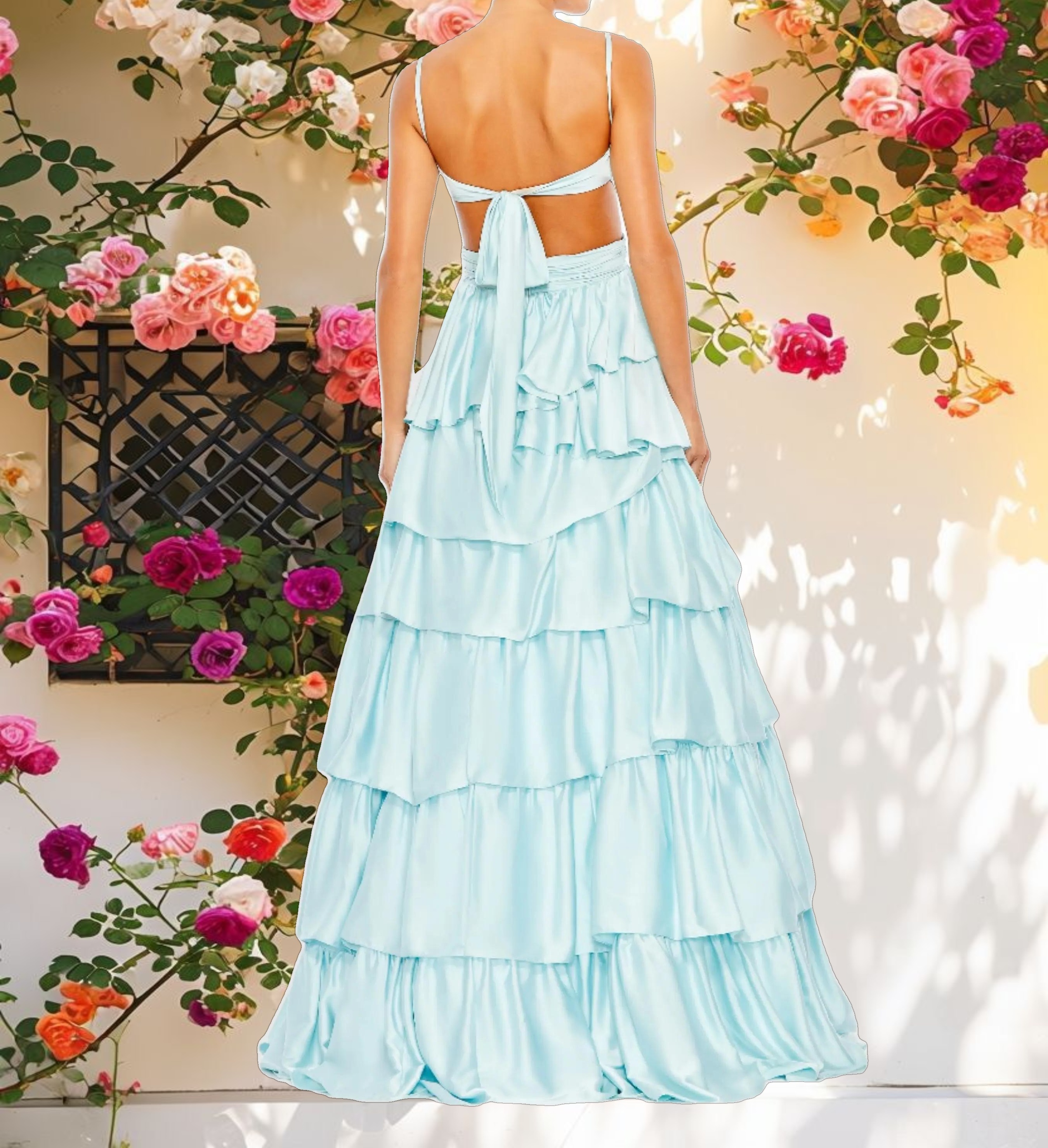 Blue Ruffle Tiered Cut Out Sleeveless Ballgown