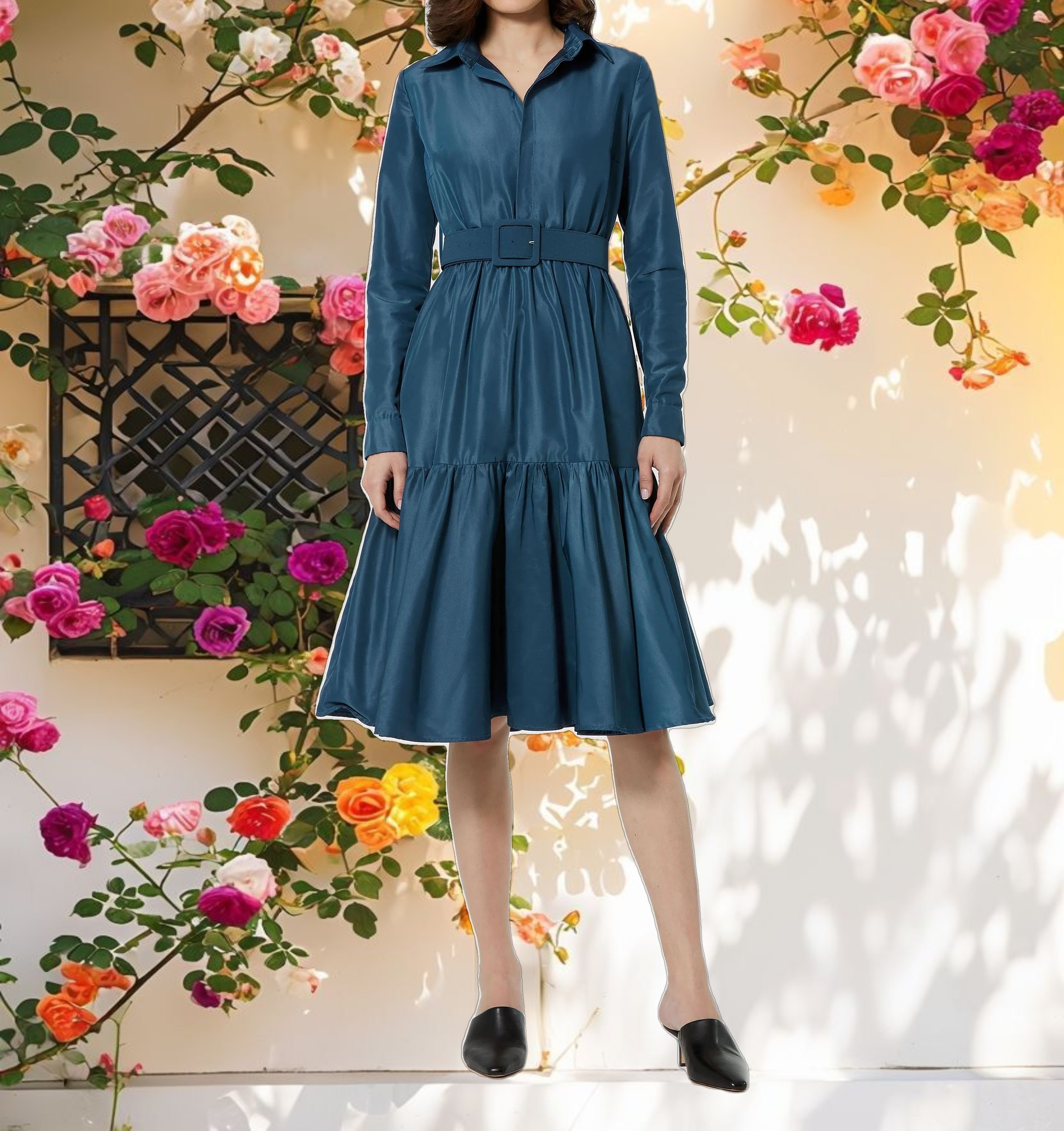 Blue Faille Long Sleeve Collared Midi Dress With Belt