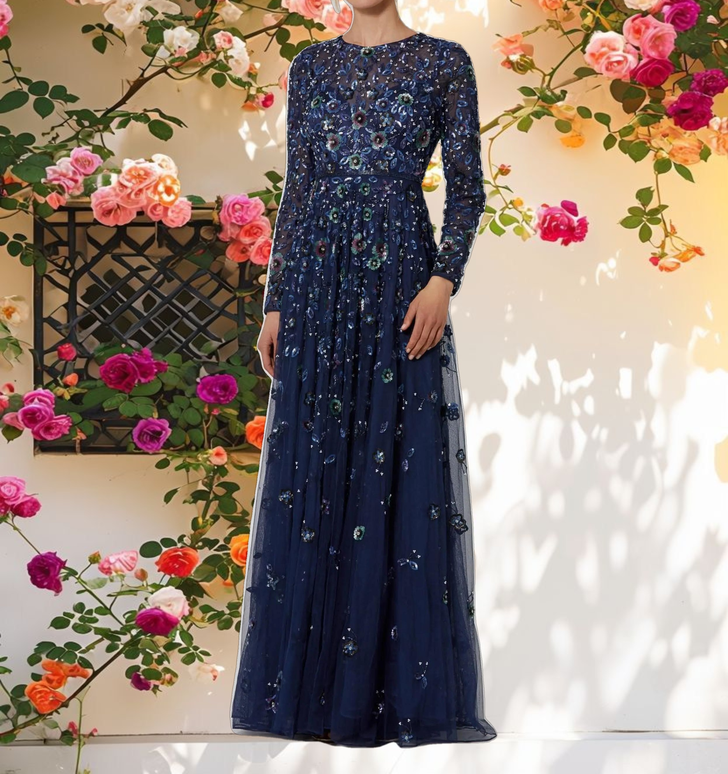 Embellished High Neck Long Sleeve A Line Gown