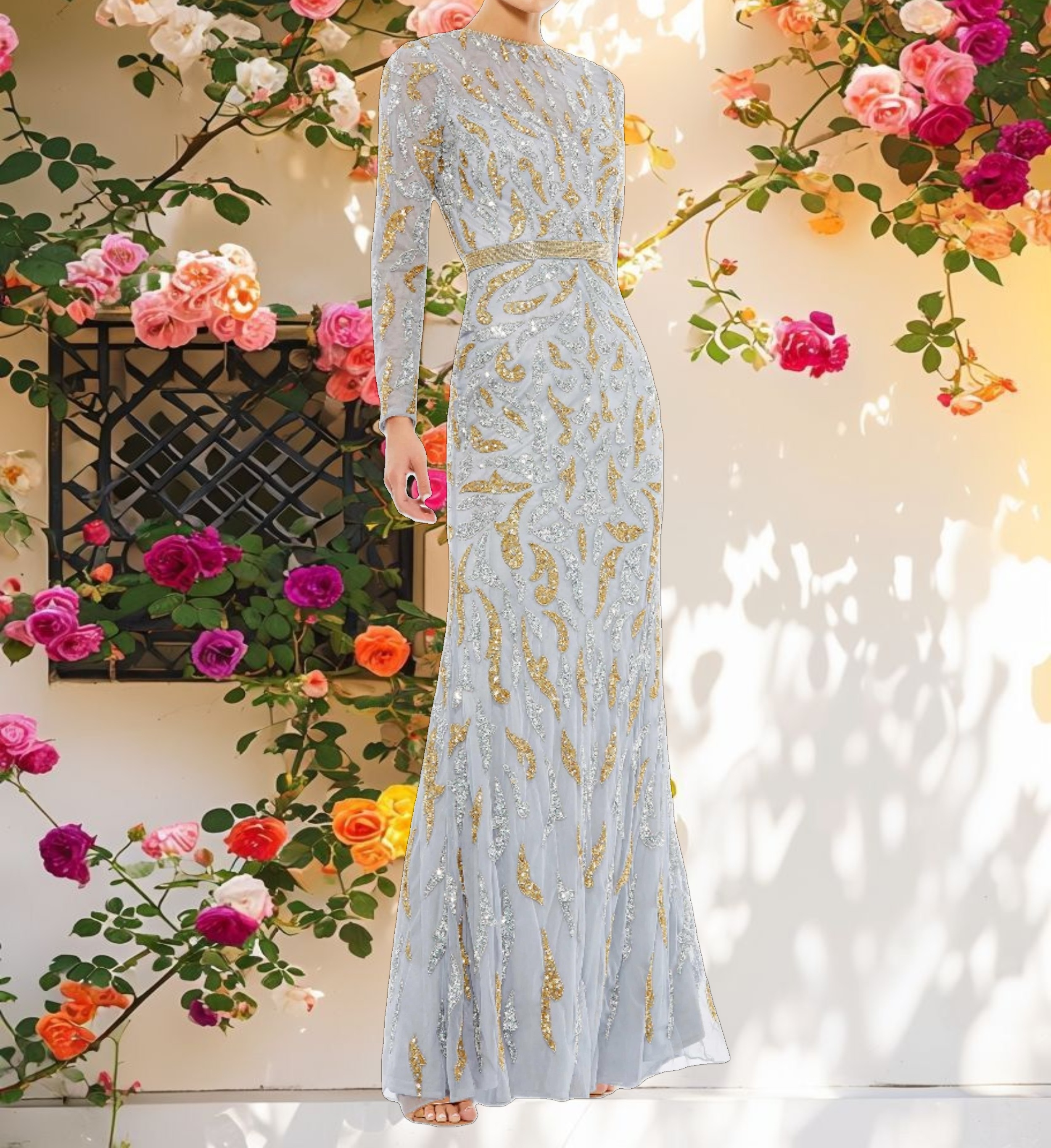 Beaded Long Sleeve Evening Gown