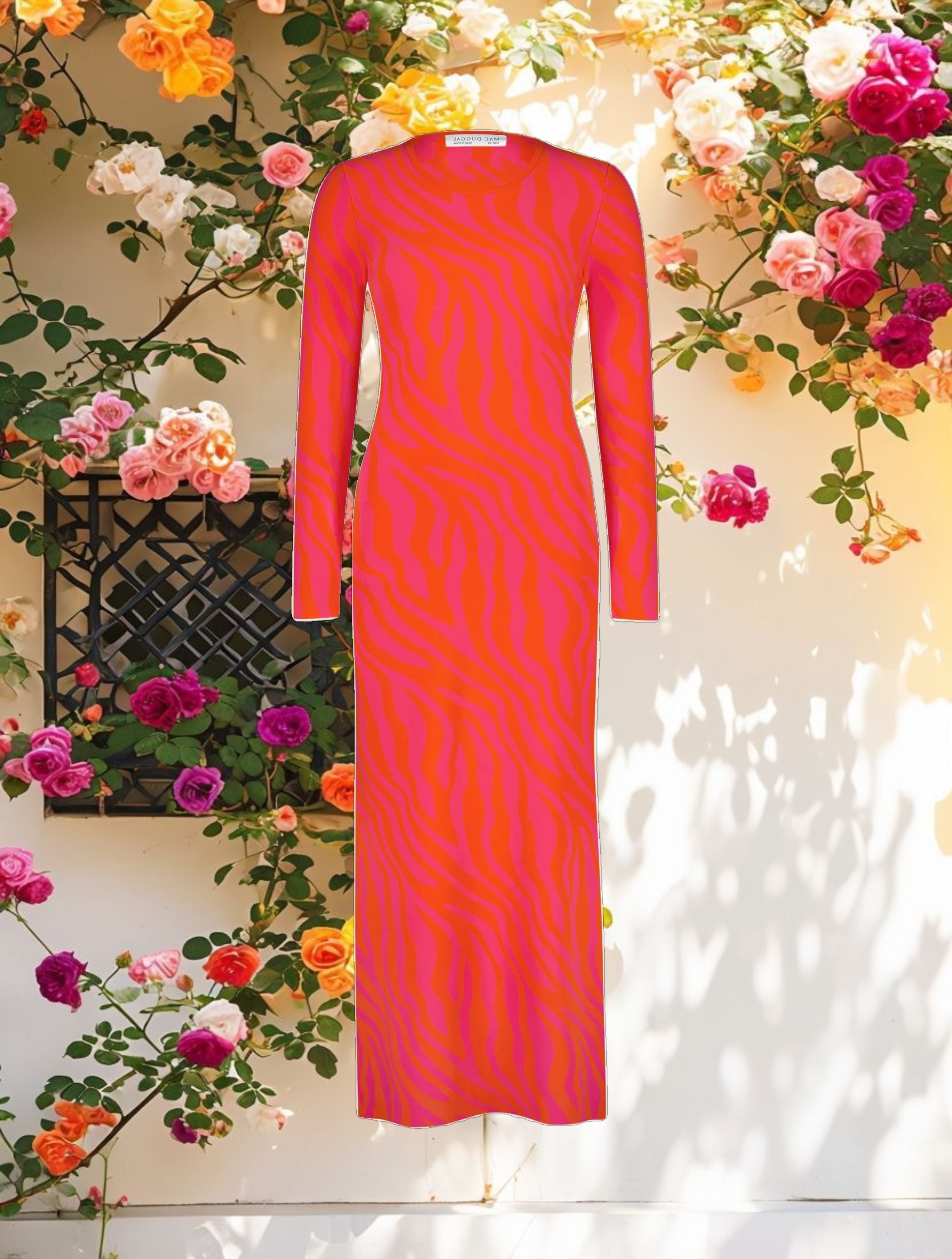 Fitted Long Sleeve Zebra Print Knit Maxi Dress