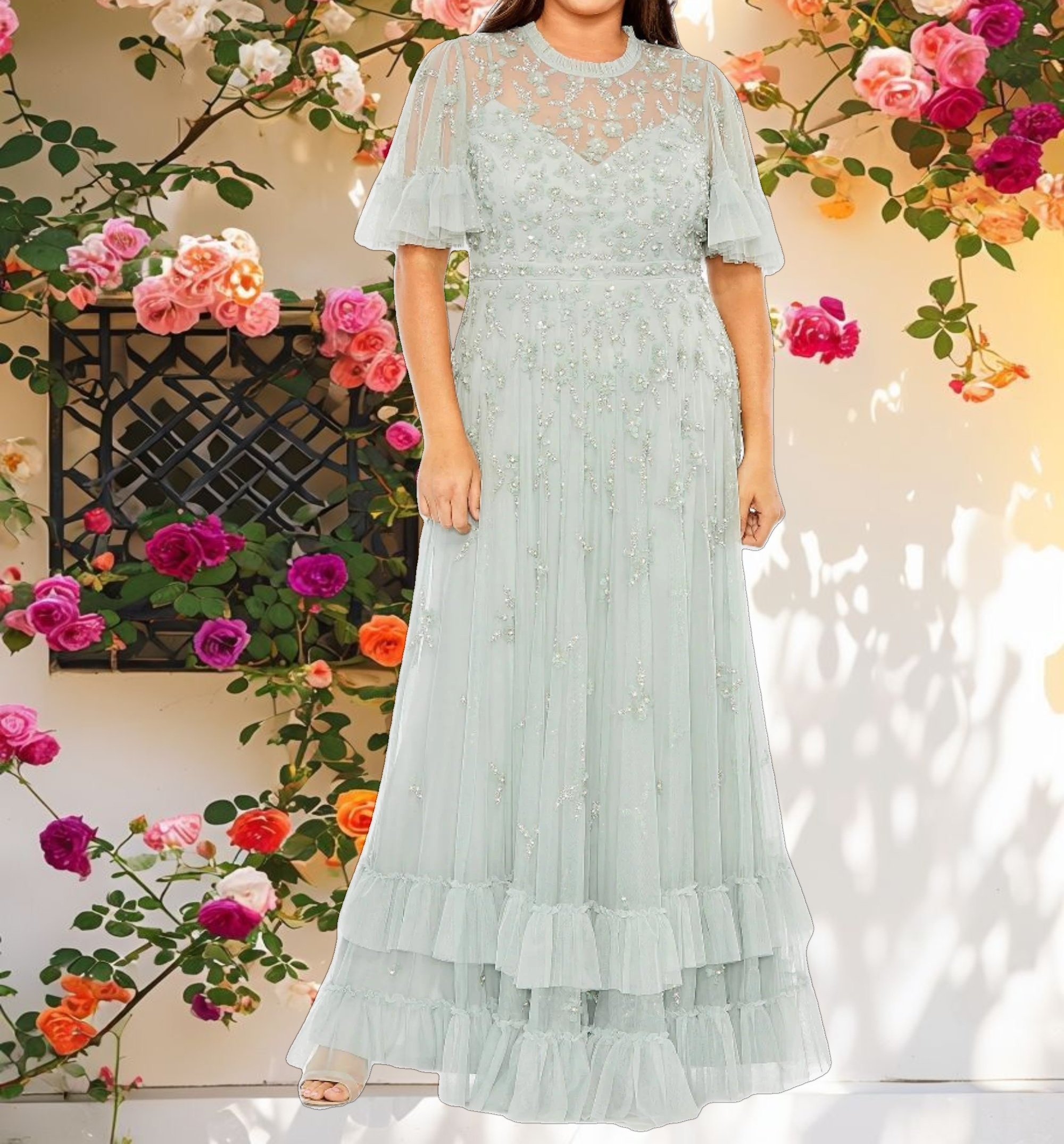 Embellished Flutter Sleeve Ruffle Tiered Gown