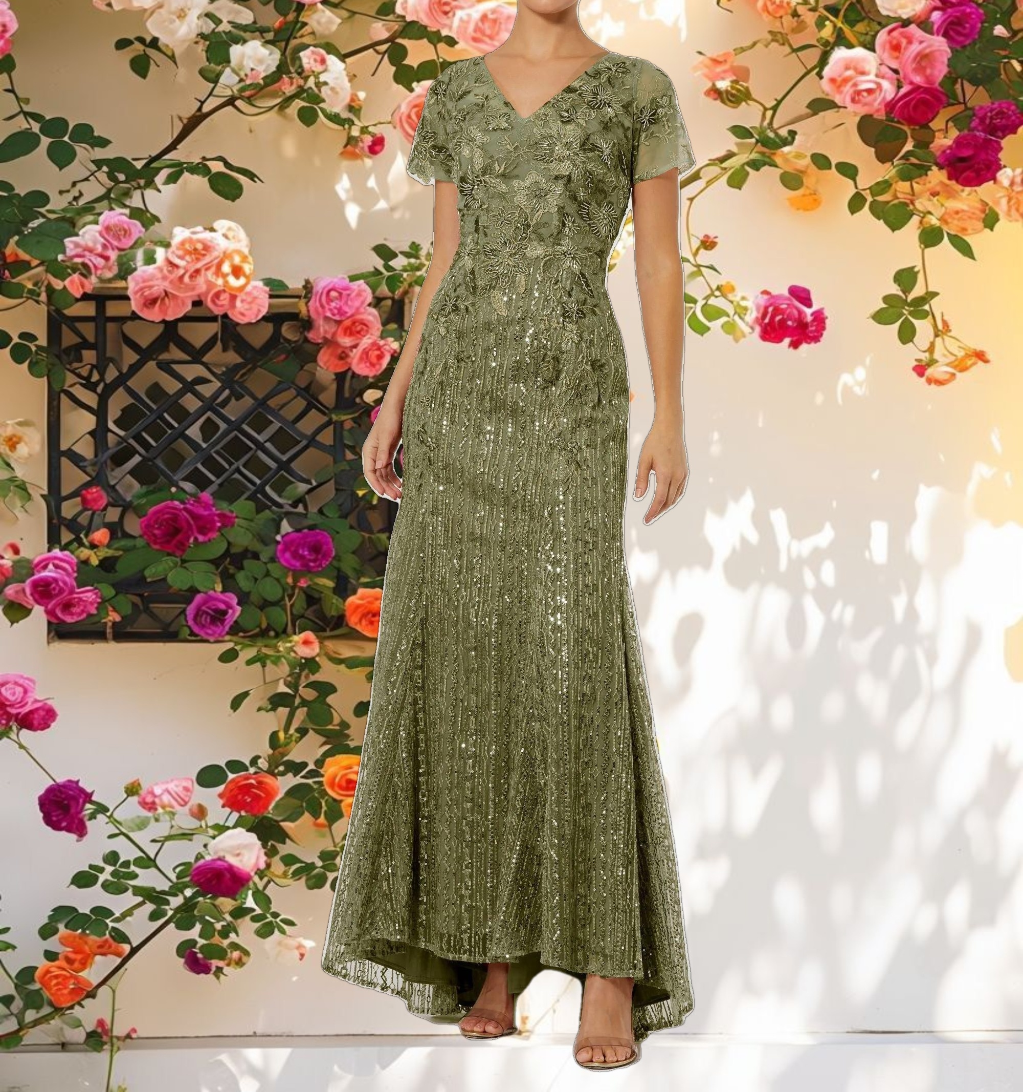 Embroidered V Neck Cap Sleeve Gown