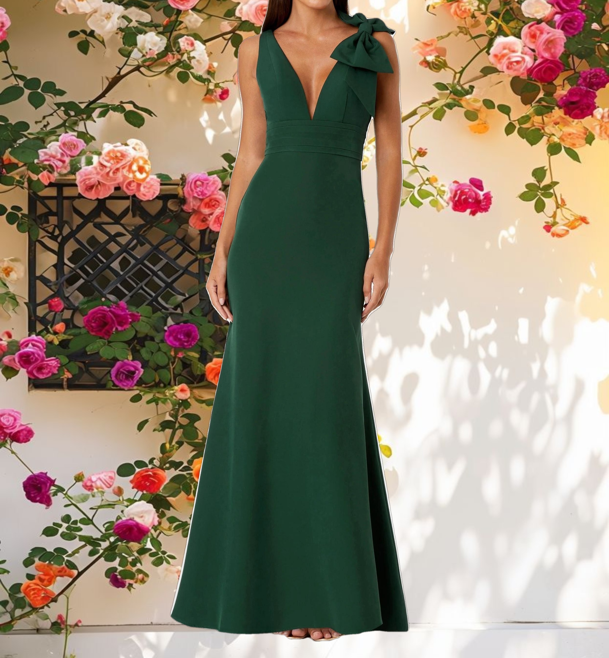 Sleeveless V Neck Bow Detail Mermaid Gown