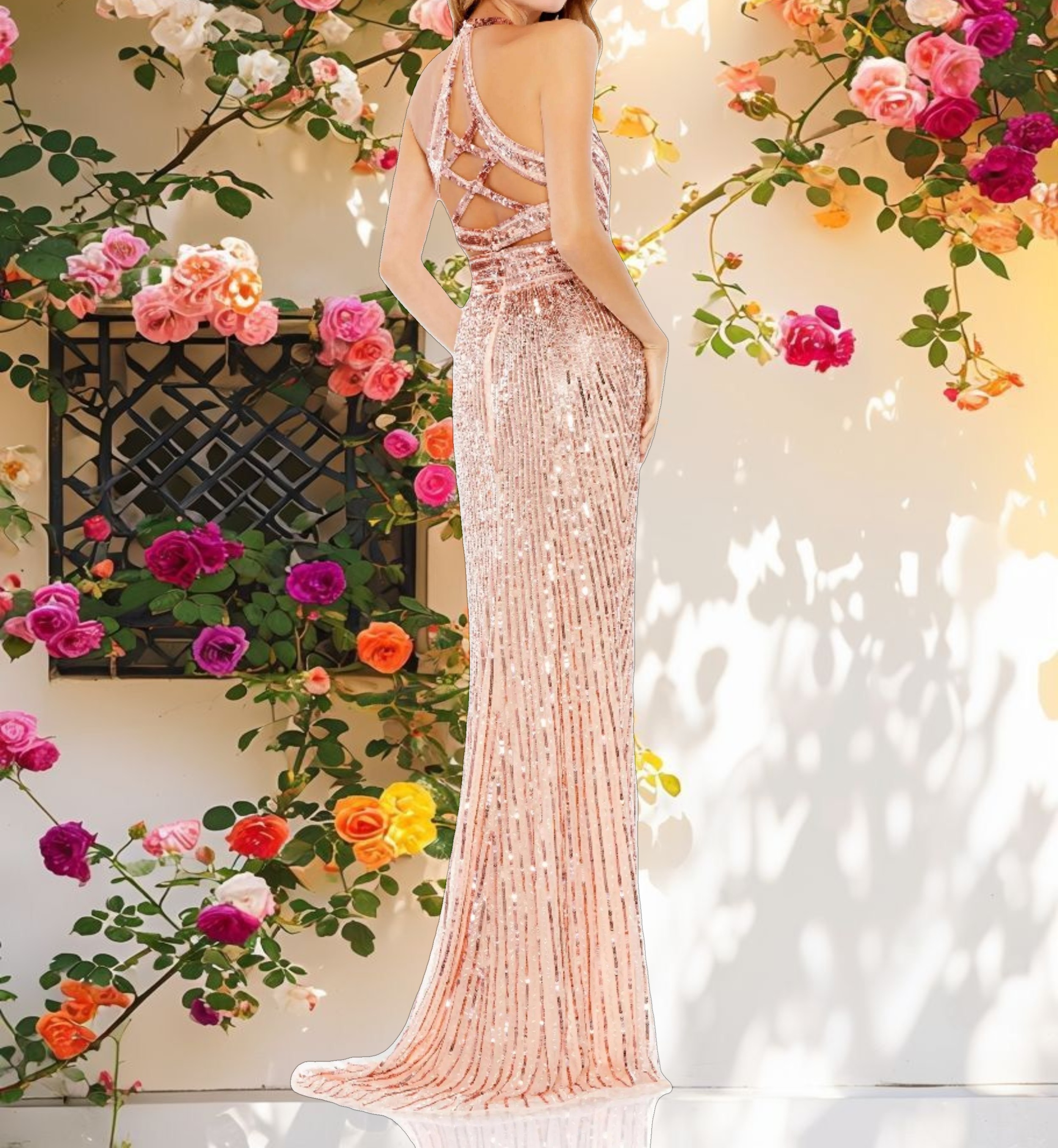Pink Sleeveless Faux Wrap Sequin Embellished Cut Out Back Gown