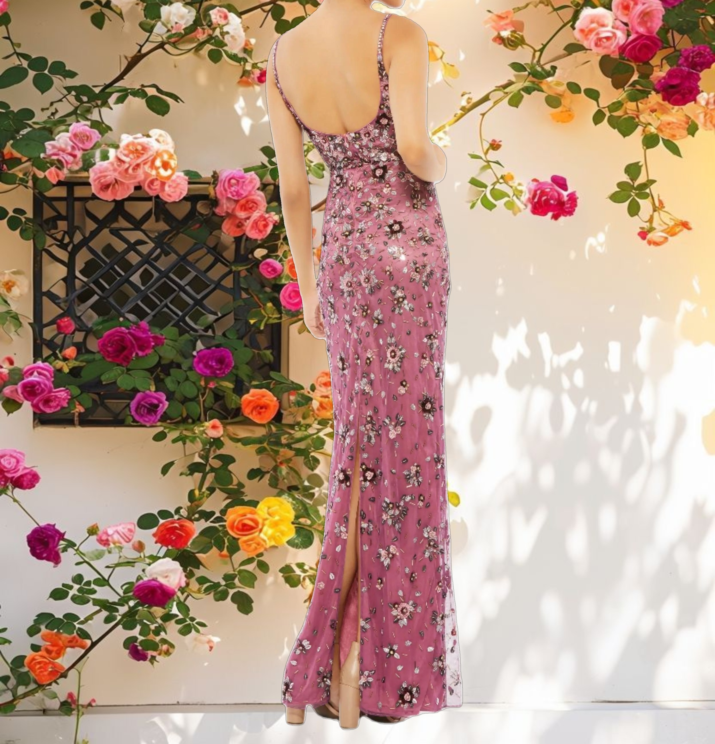 Floral Embellished Scoop Neck Evening Gown