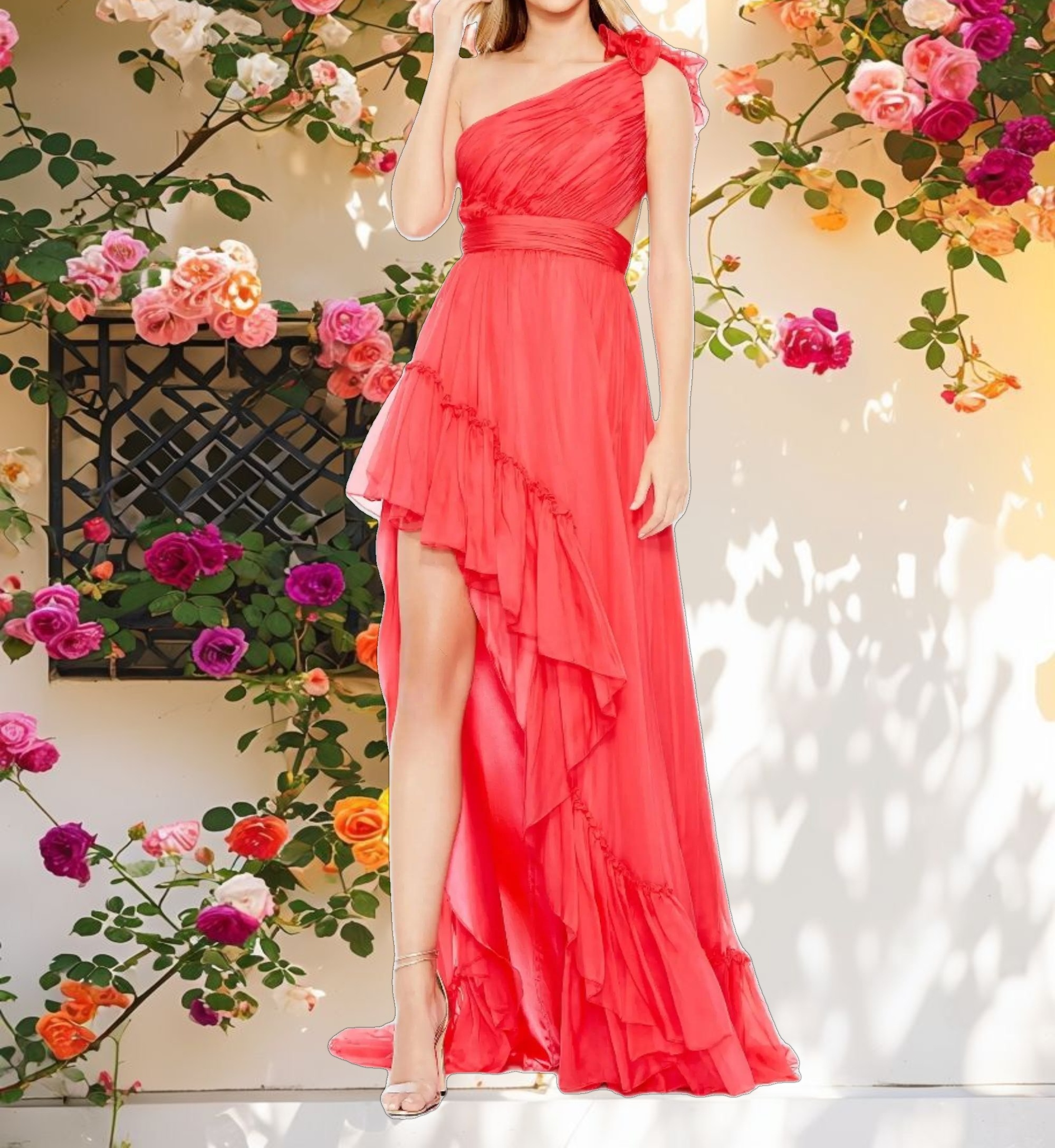 Ruffled Asymmetrical One Shoulder Gown