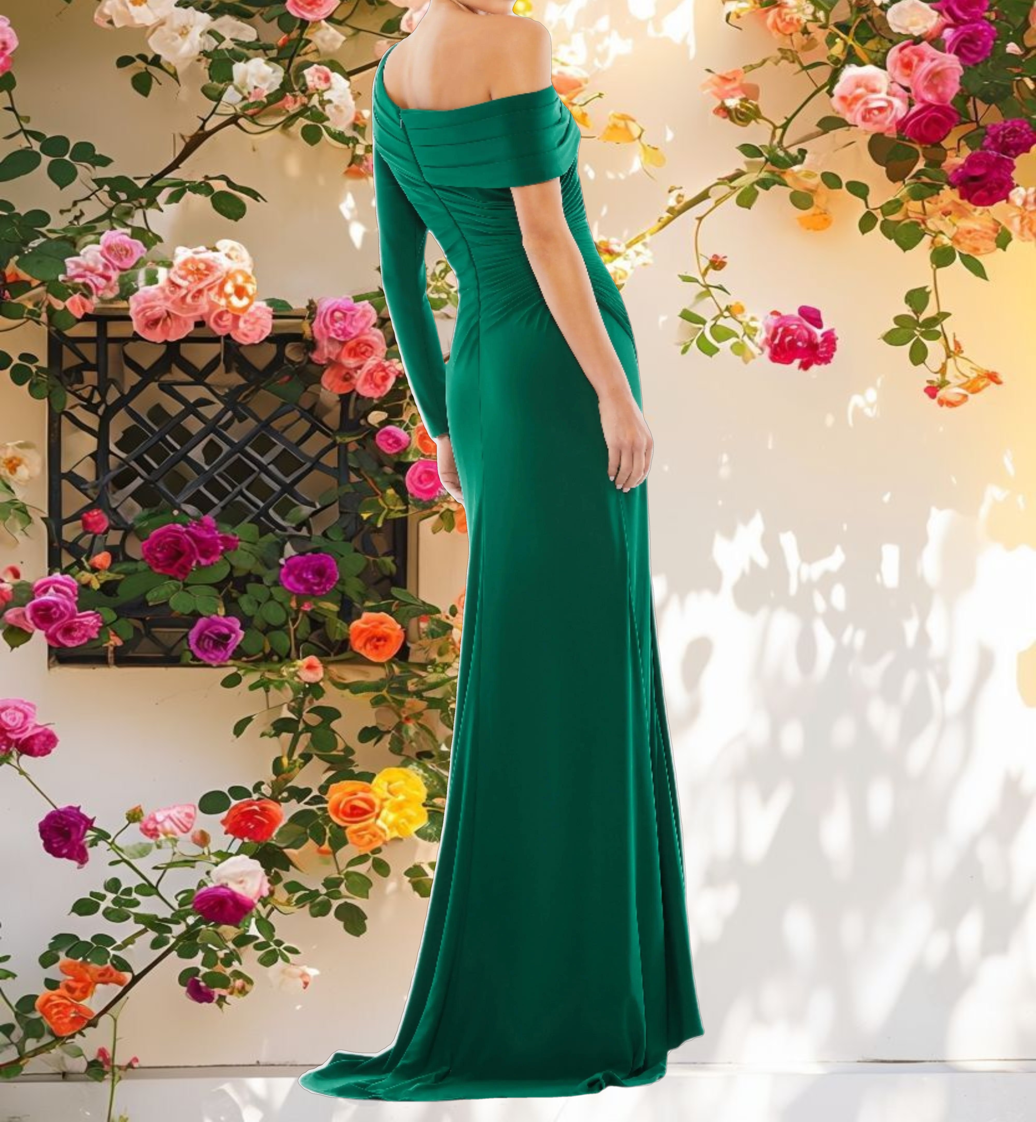 Ruched Jersey Drop Shoulder Gown