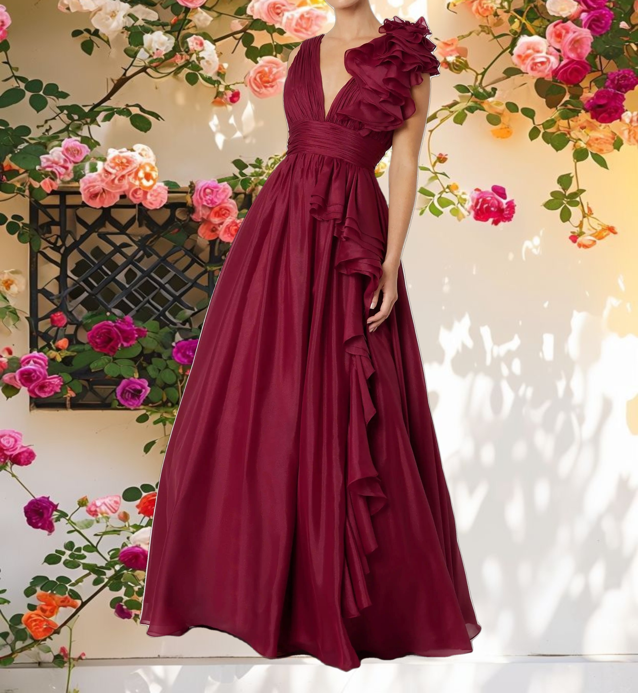 Dark Red Ruffle Shoulder V Neck Chiffon Gown