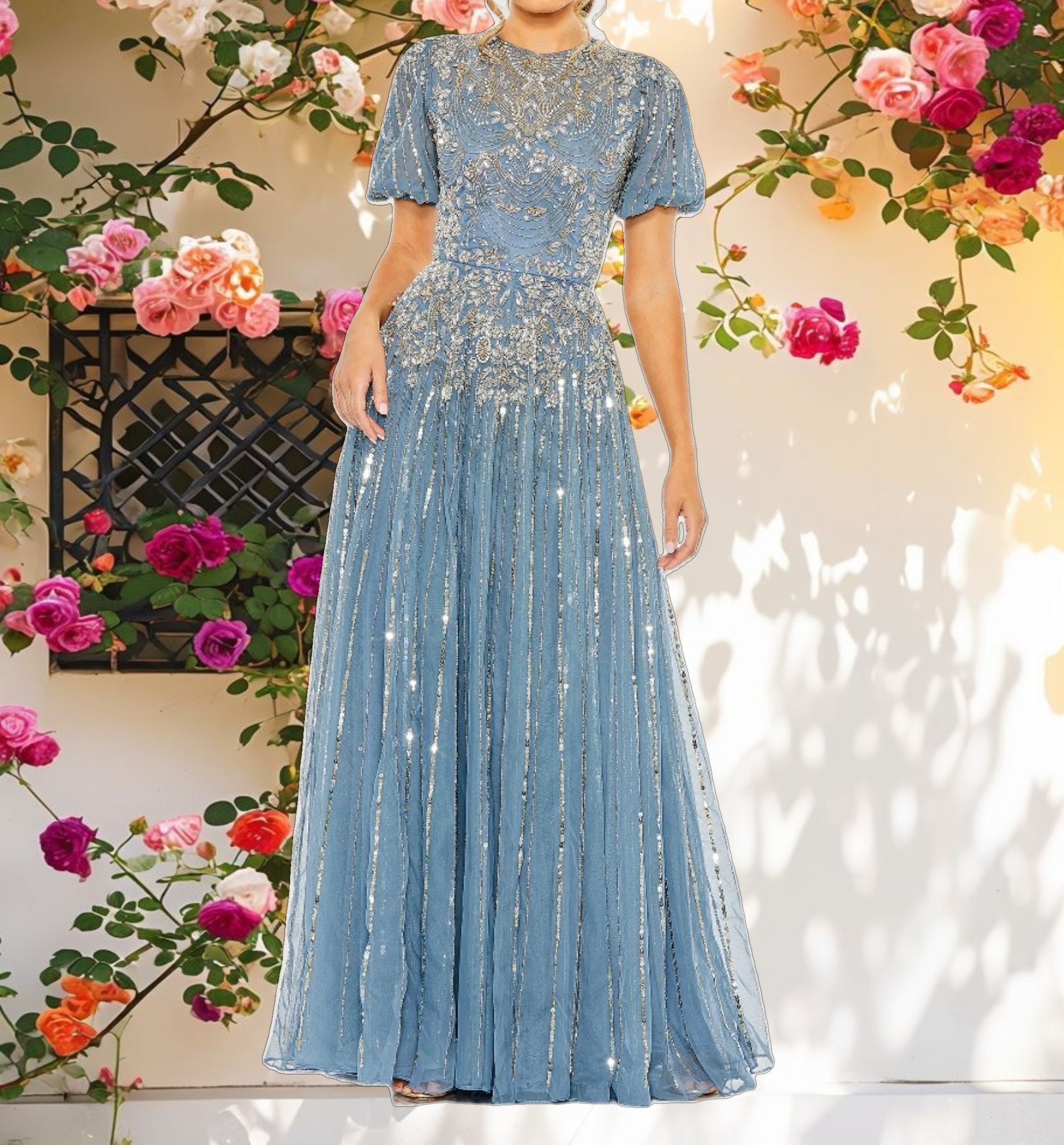 Blue High Neck Puff Sleeve Embellished A Line Gown