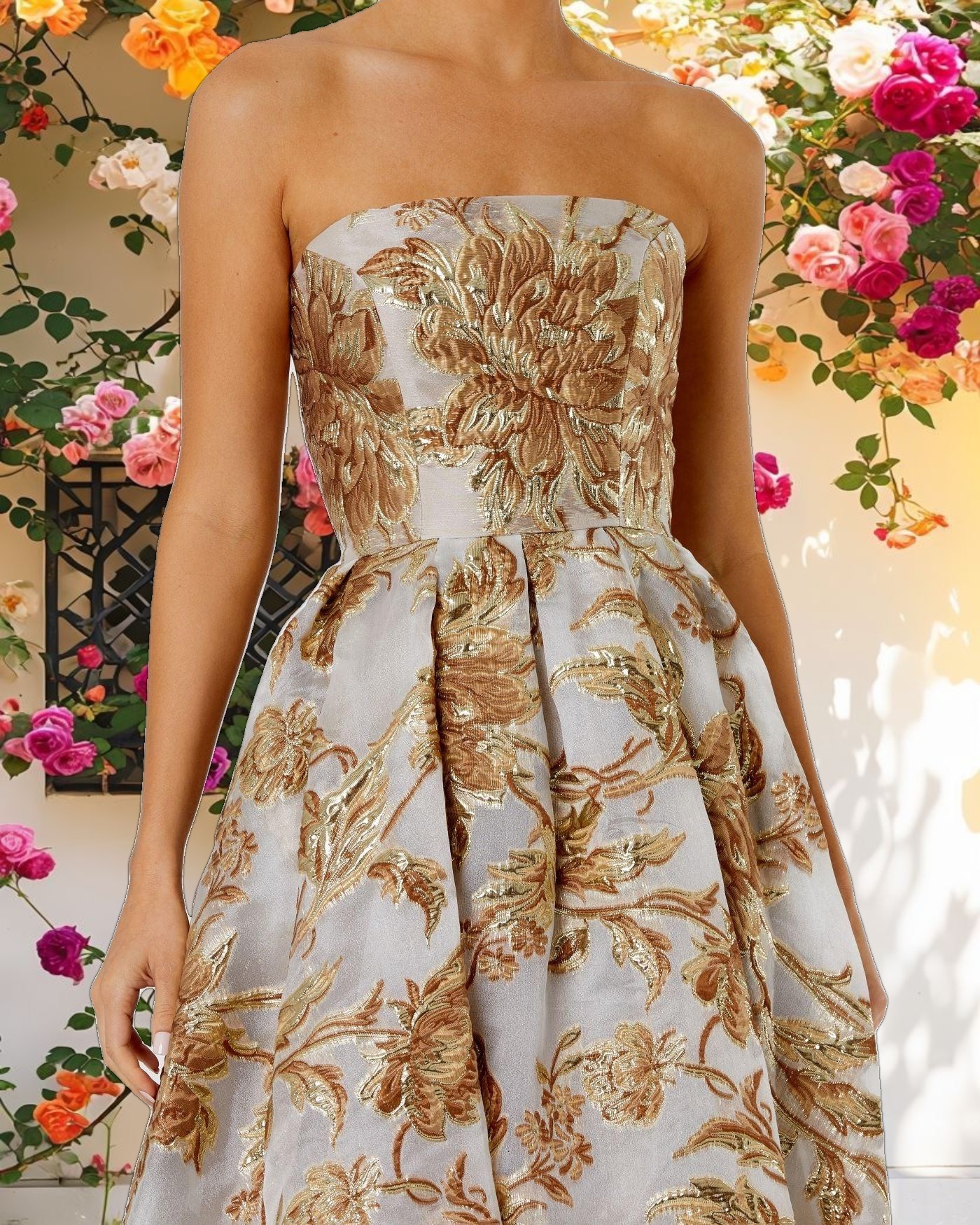 Gold Strapless Brocade Midi Dress with Pockets
