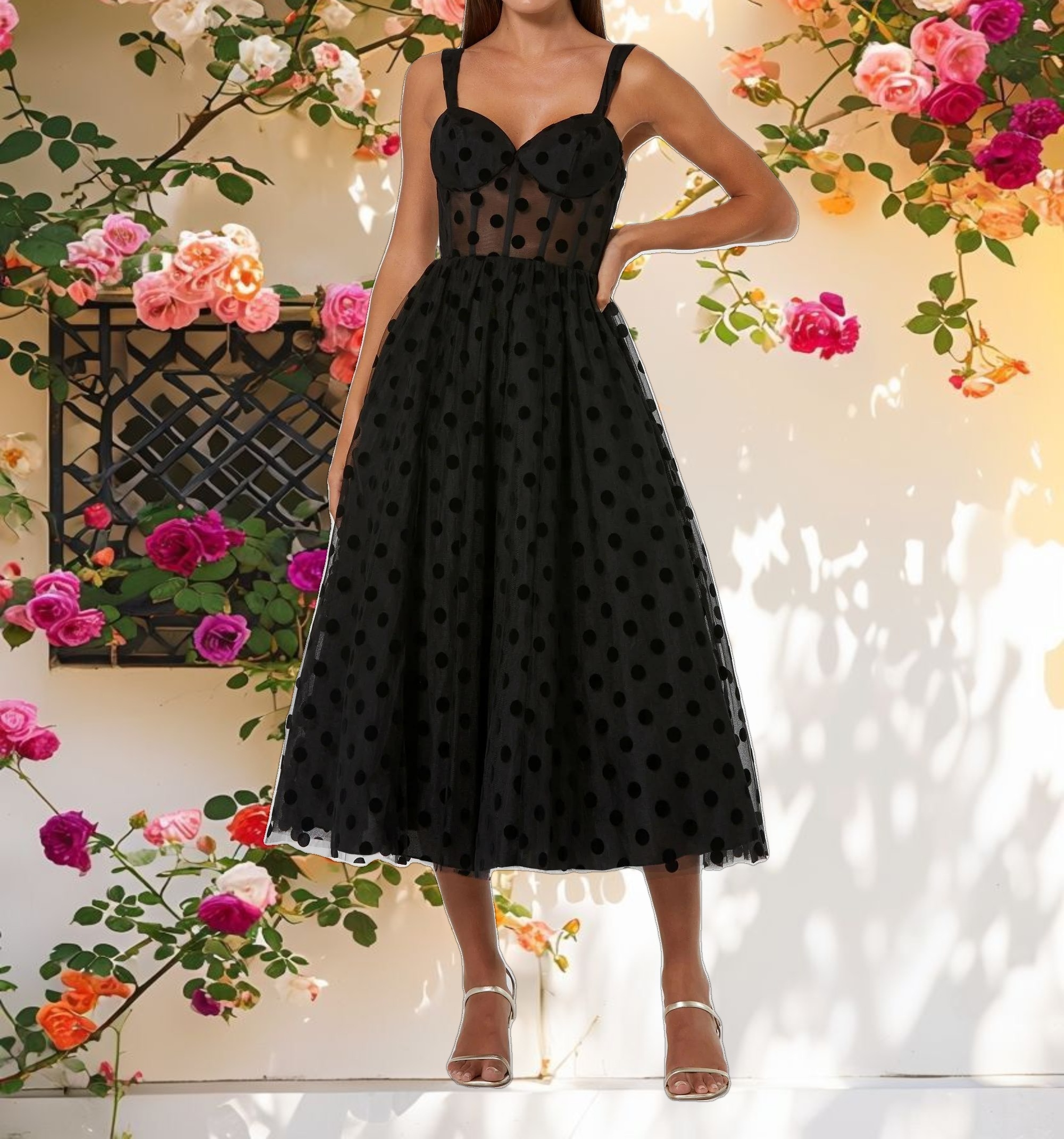 Polka Dot Net Bustier A Line Midi Dress