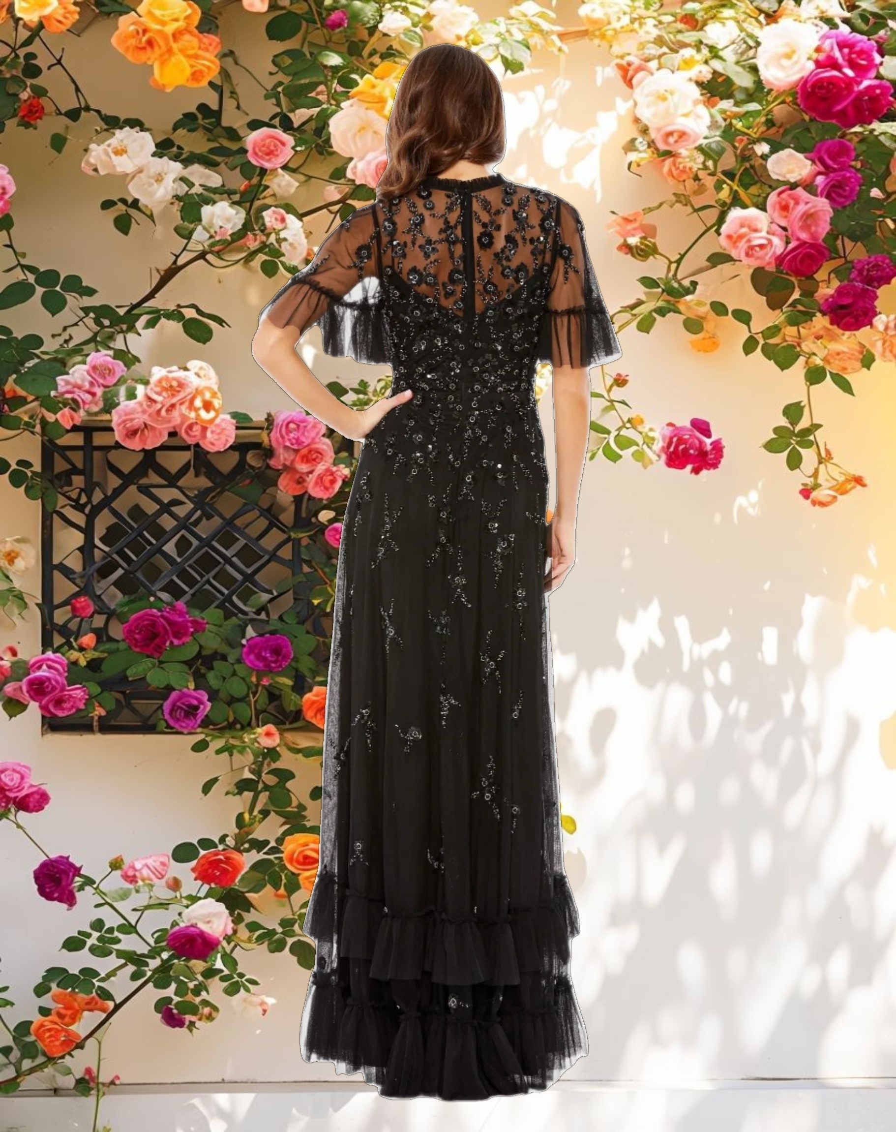 Ruffled Floral Embellished Flutter Sleeve A-Line Gown