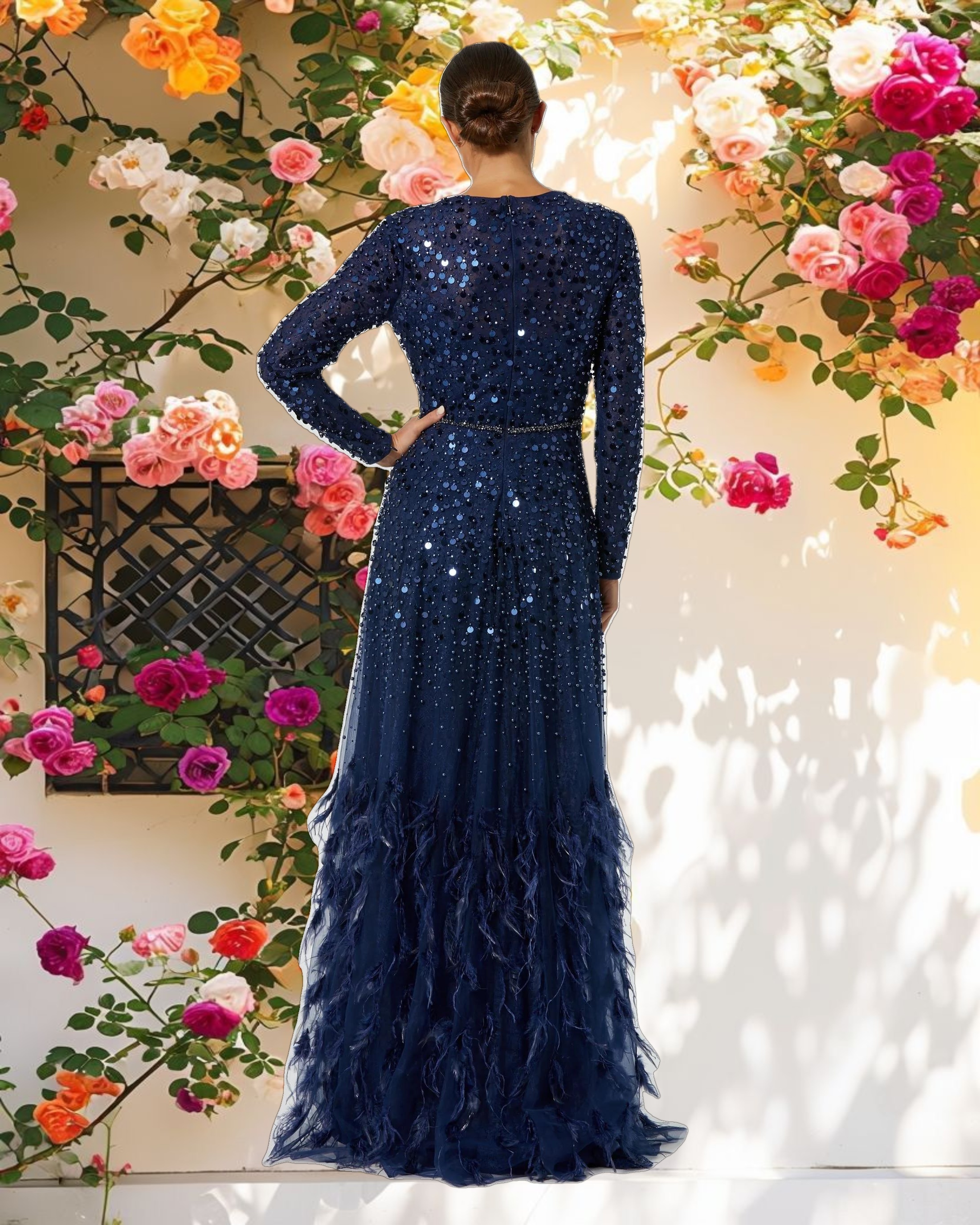Stylish Sequin Gown with Feather Detail