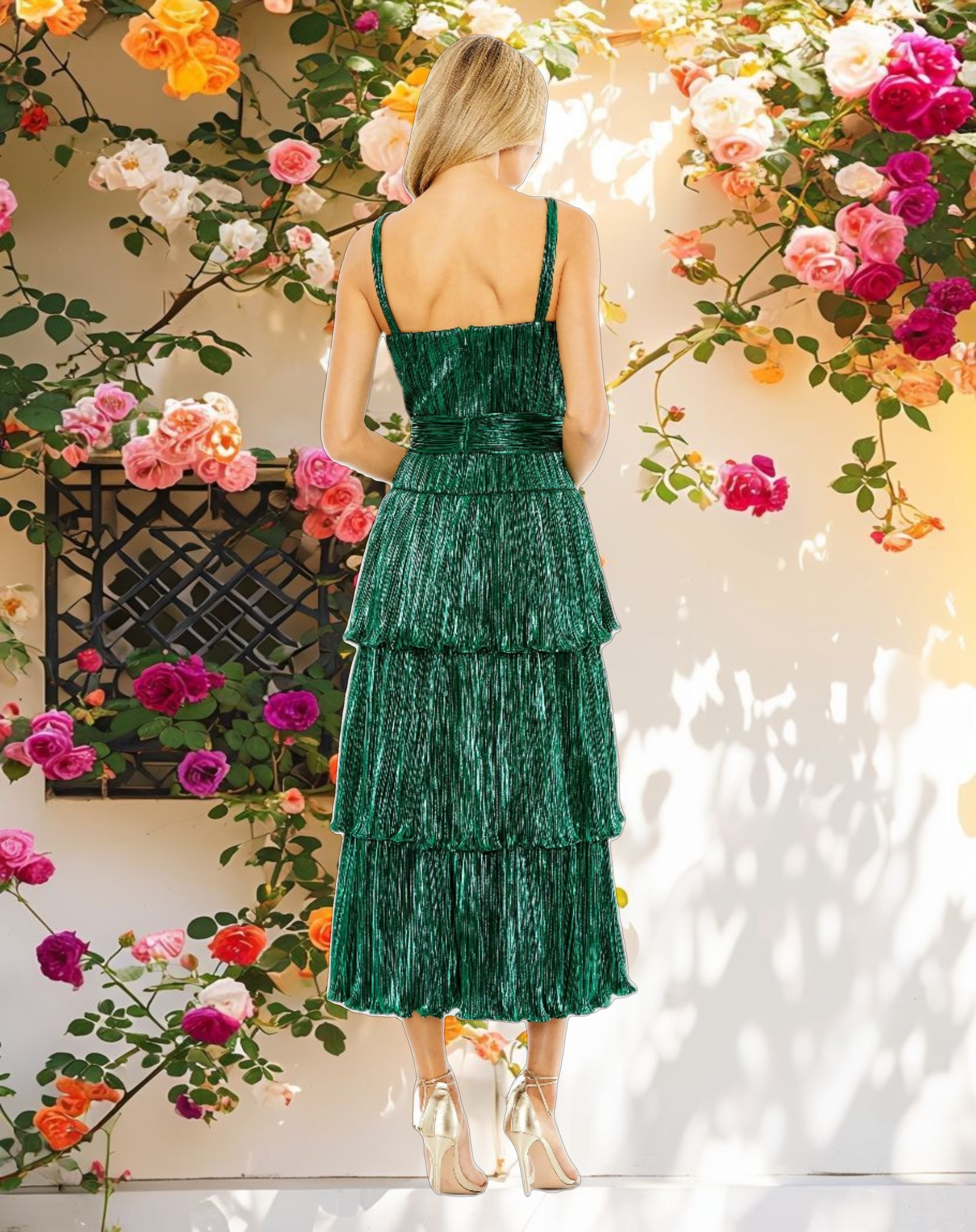 Green Ruffle Tiered Buckle Detail Dress