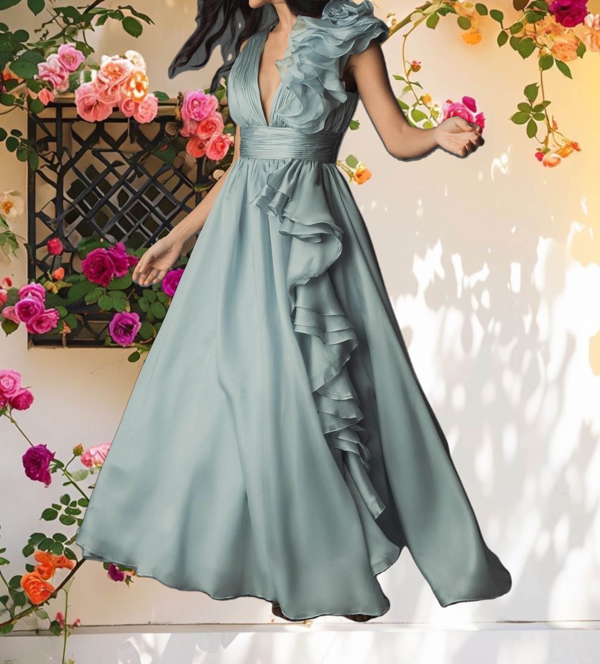 Green Ruffle Shoulder V-Neck Chiffon Gown