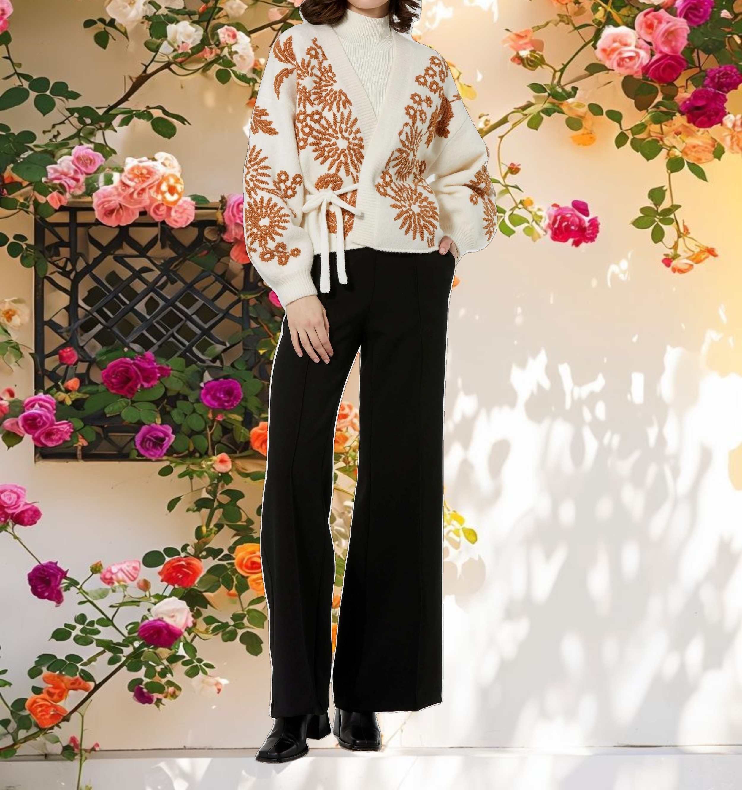 Cropped Knit Cardigan With Floral Details