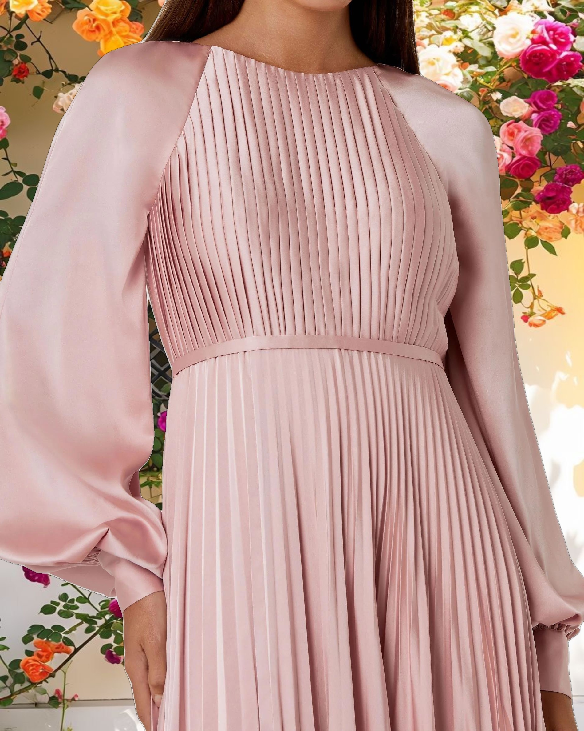 Pleated High Neck Raglan Long Sleeve Side Slit Gown