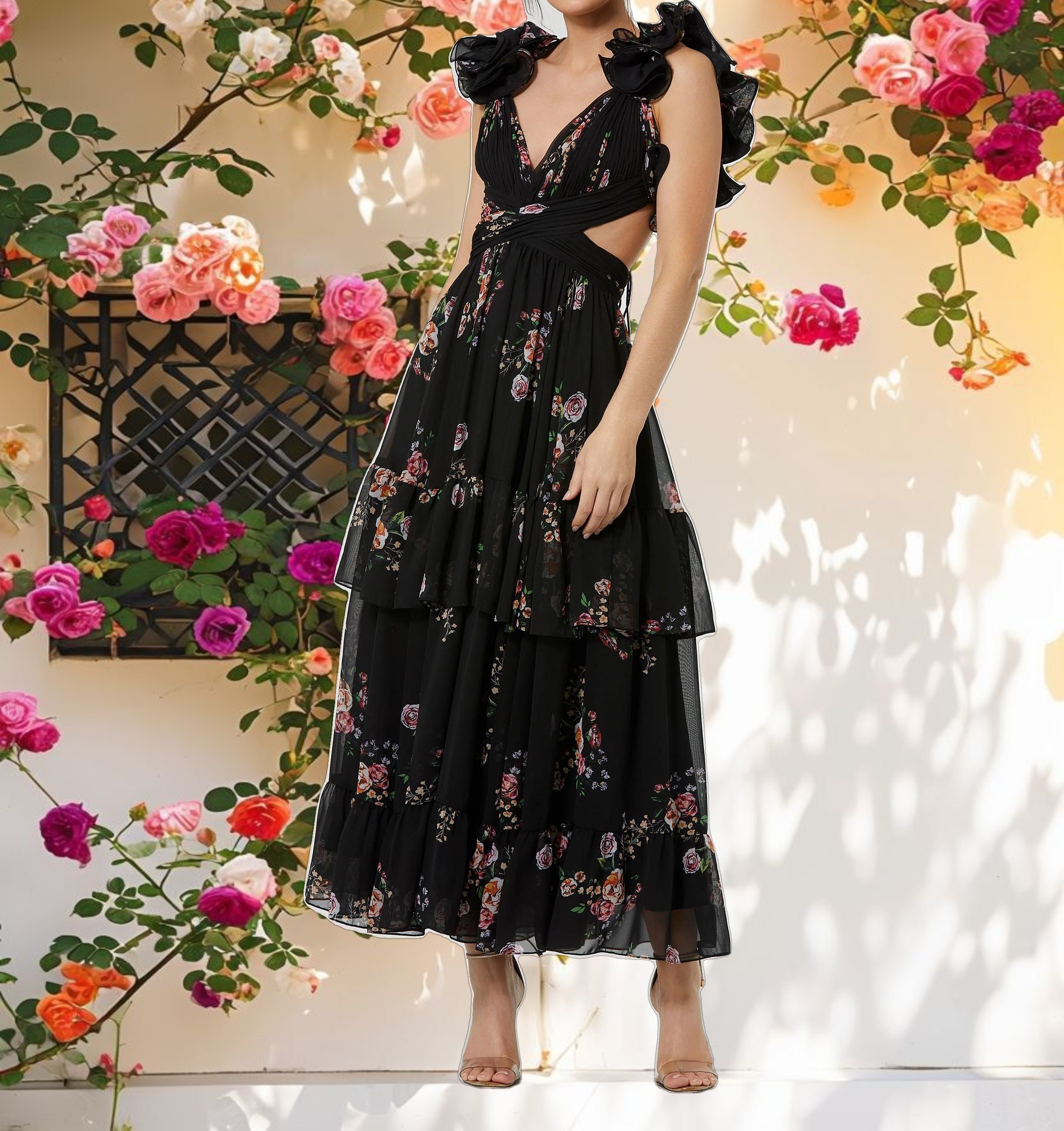 Black Ruffle Tiered Cut Out Floral Print Chiffon Dress