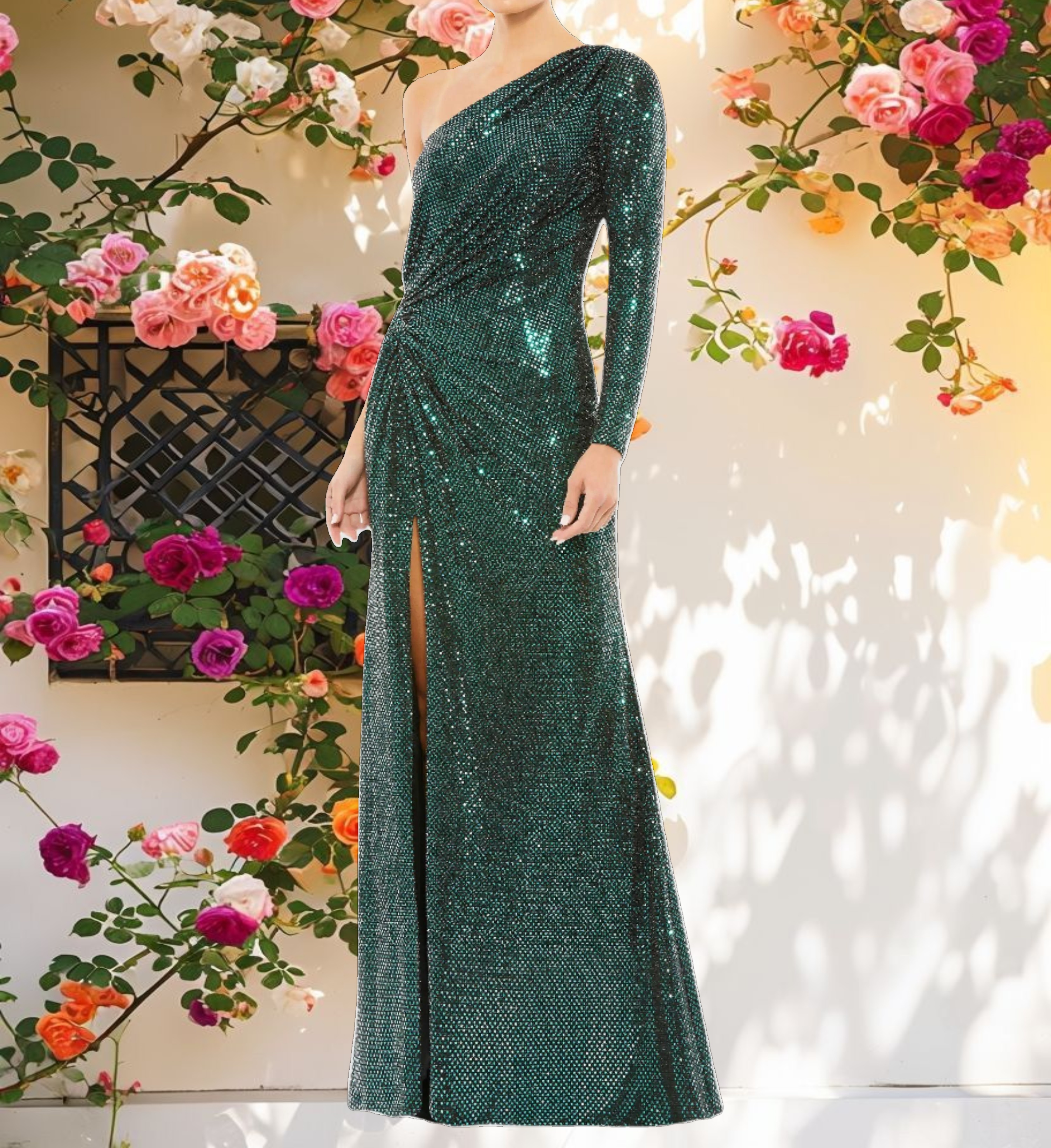 Green One Sleeve Draped Sequin Gown