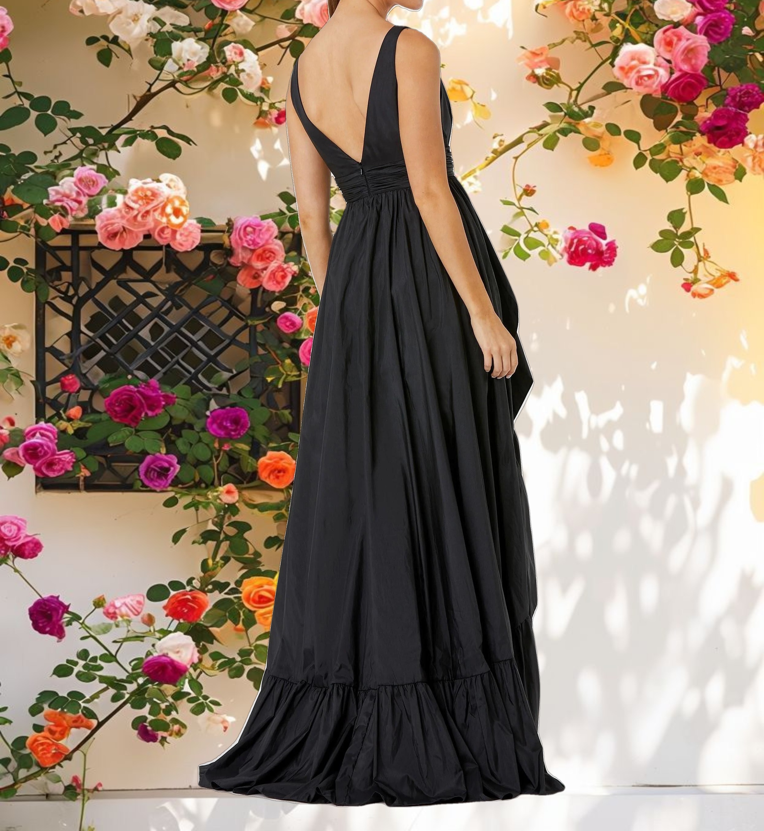 Black Taffeta High Low Ruffle Gown