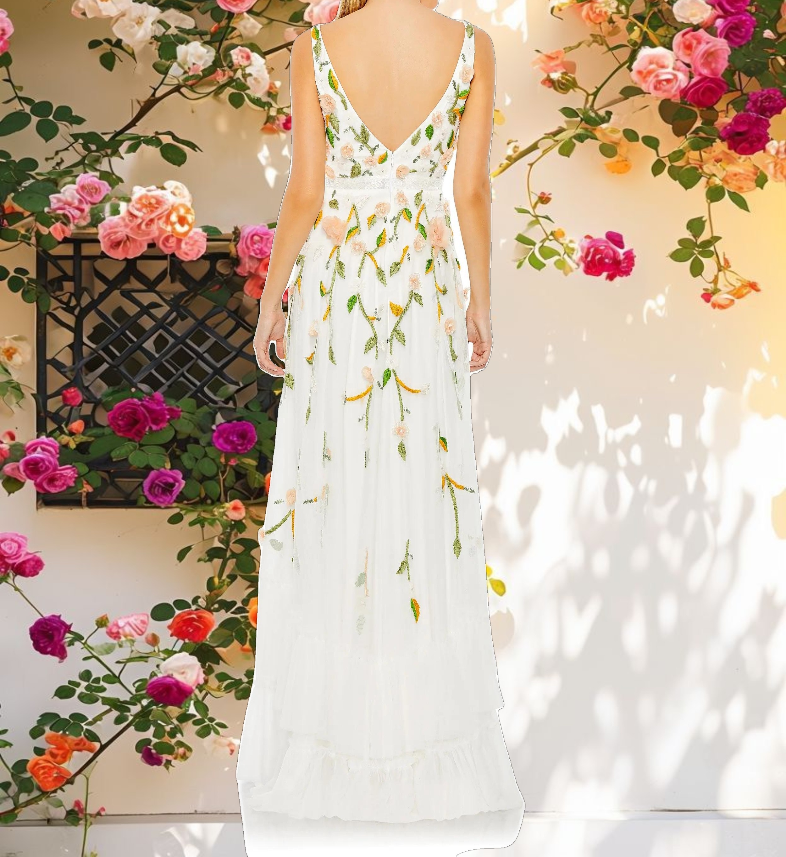 White Multicolor Embellished Sleeveless V Neck A Line Gown