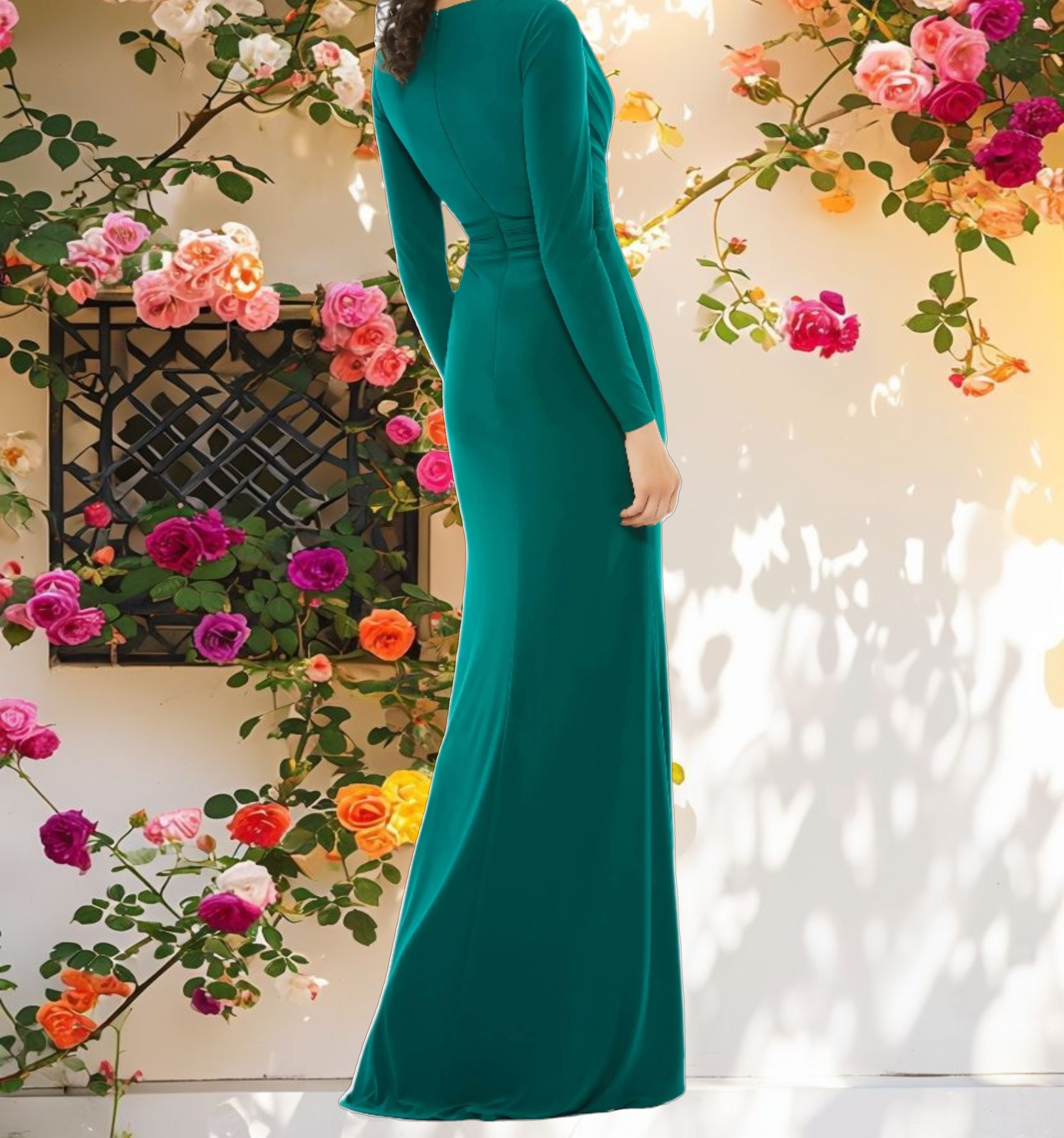 Green Long Sleeve Pleated Evening Gown