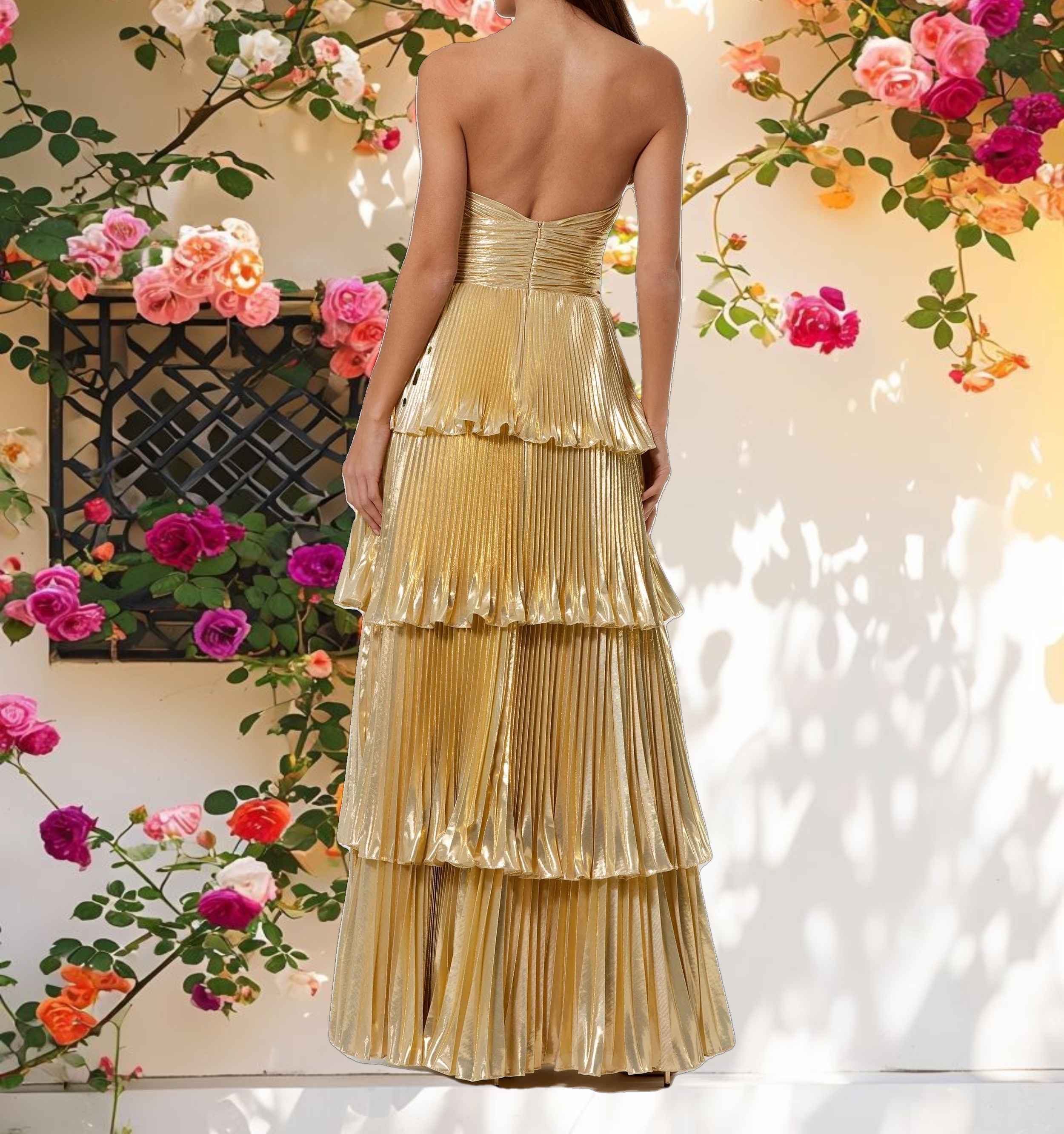 Gold Strapless Pleated Metallic Layered Ruffle Gown