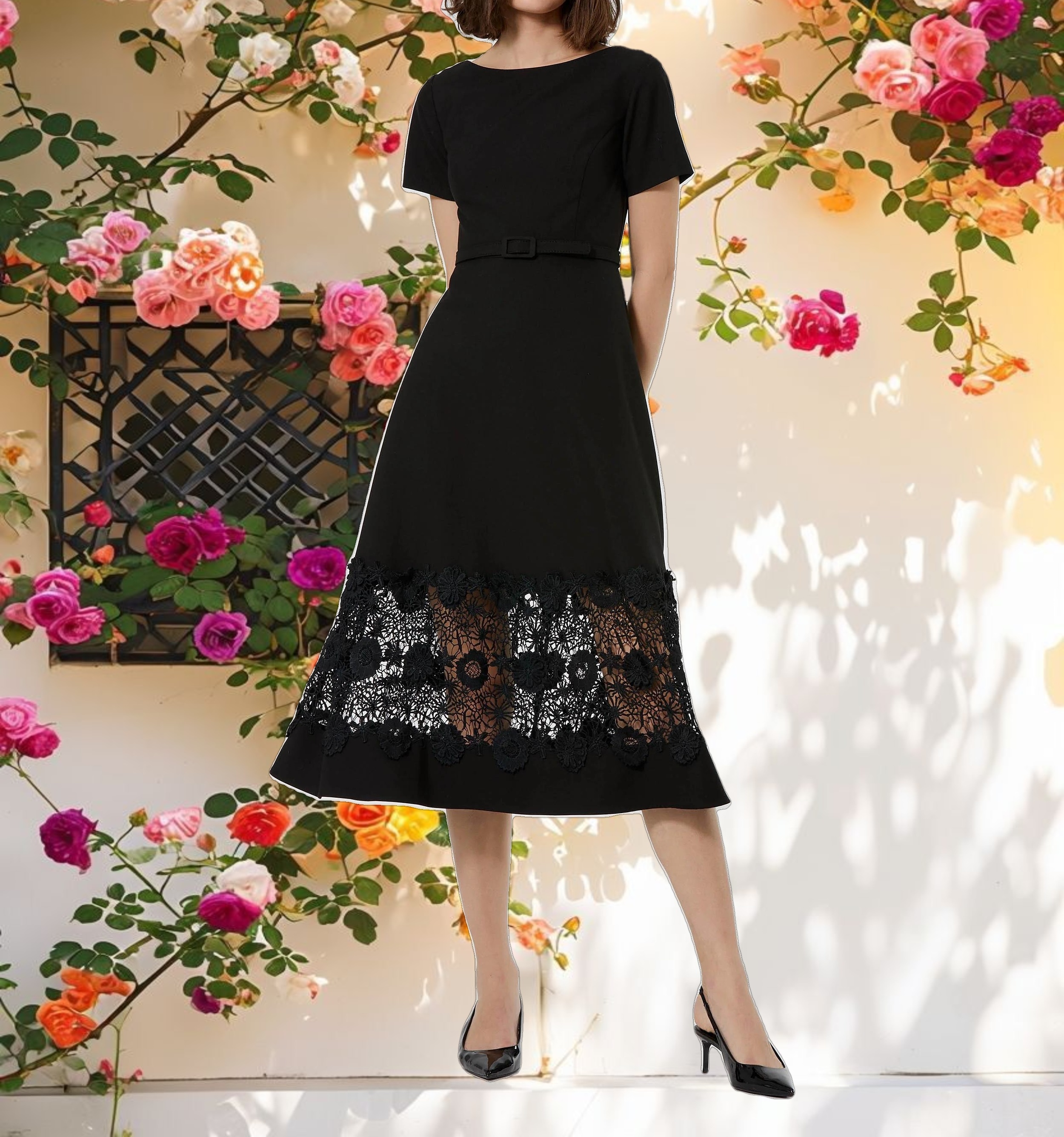 Crepe Boat Neck Midi Dress With Belt