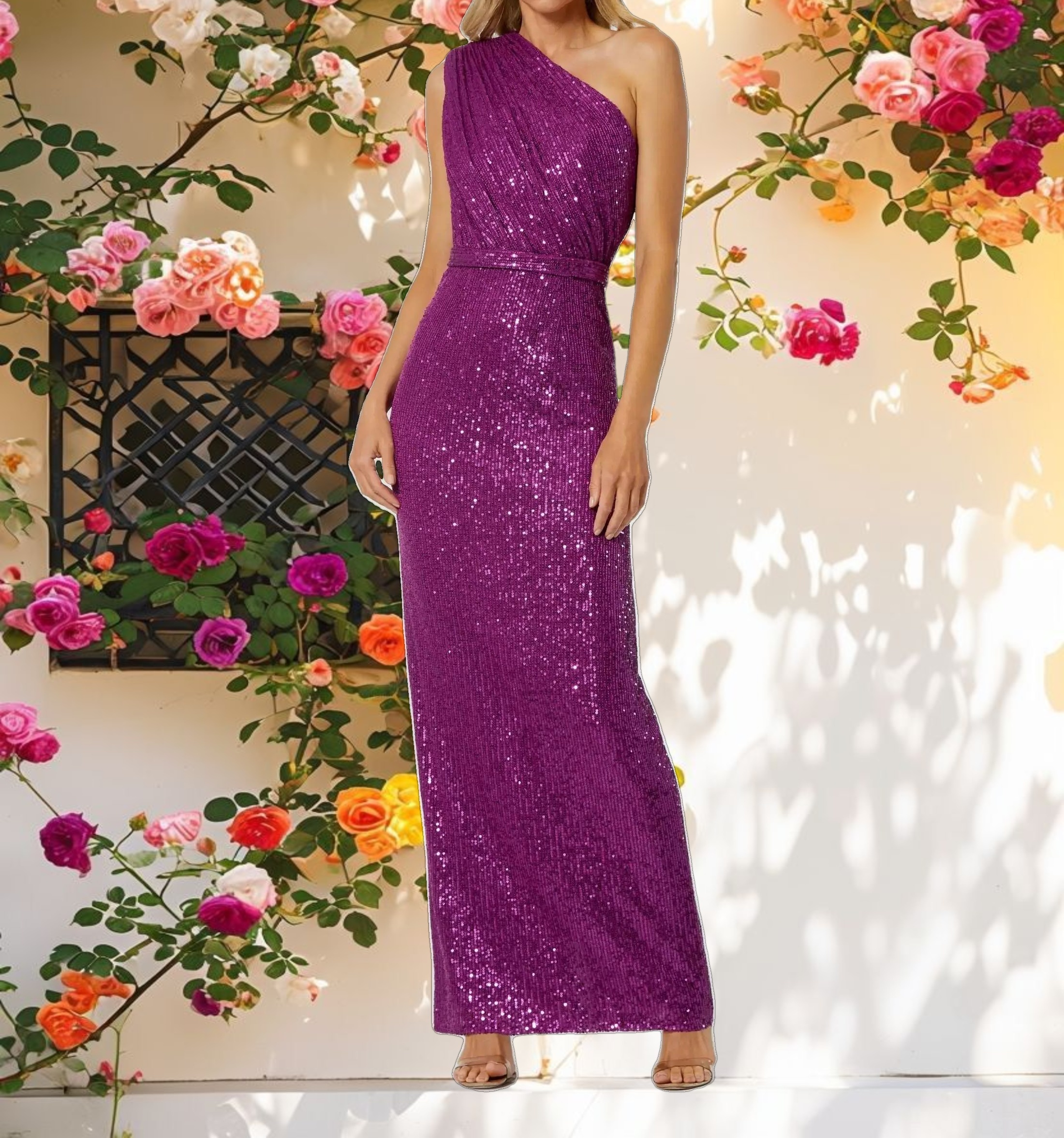 Dark Purple Sequined Ruched One Shoulder Gown