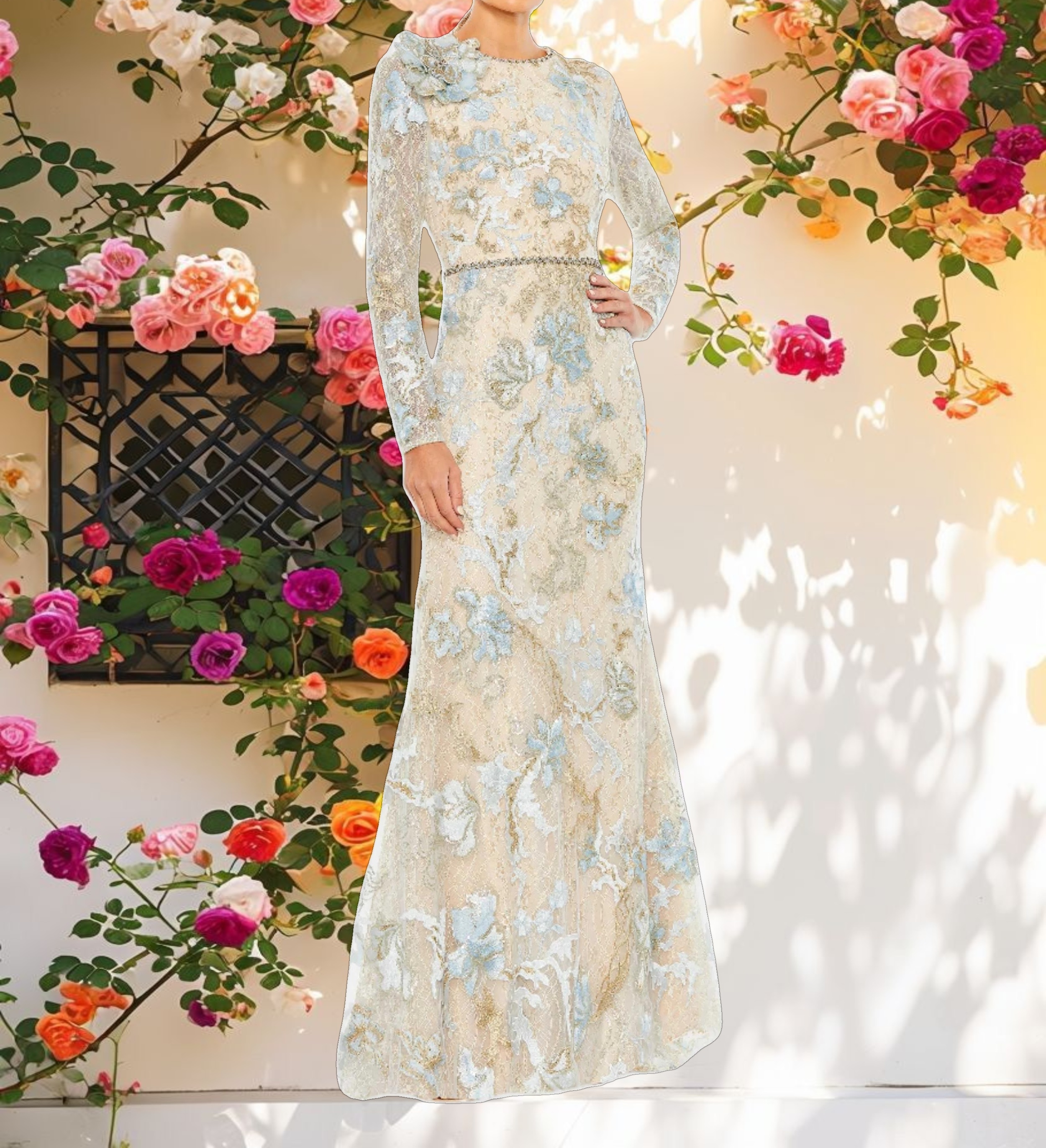 Floral Embroidered Lace Trumpet Gown