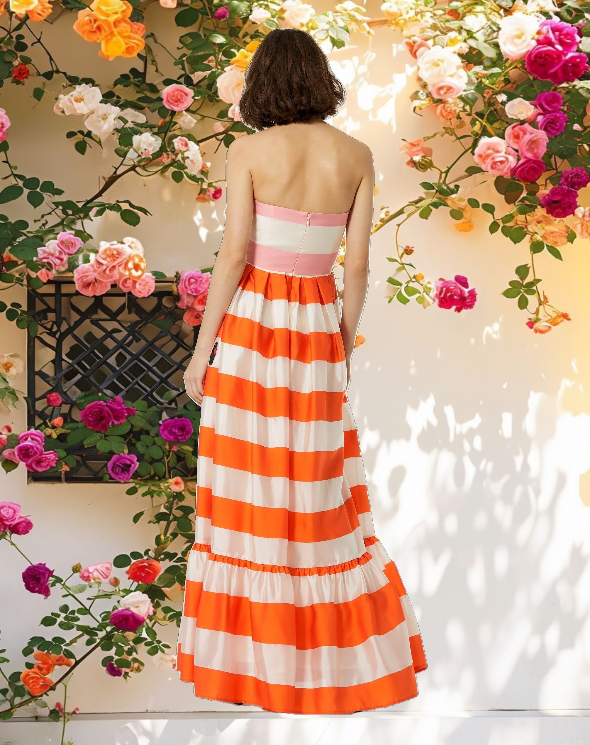 Striped Organza Ruffle Maxi Dress